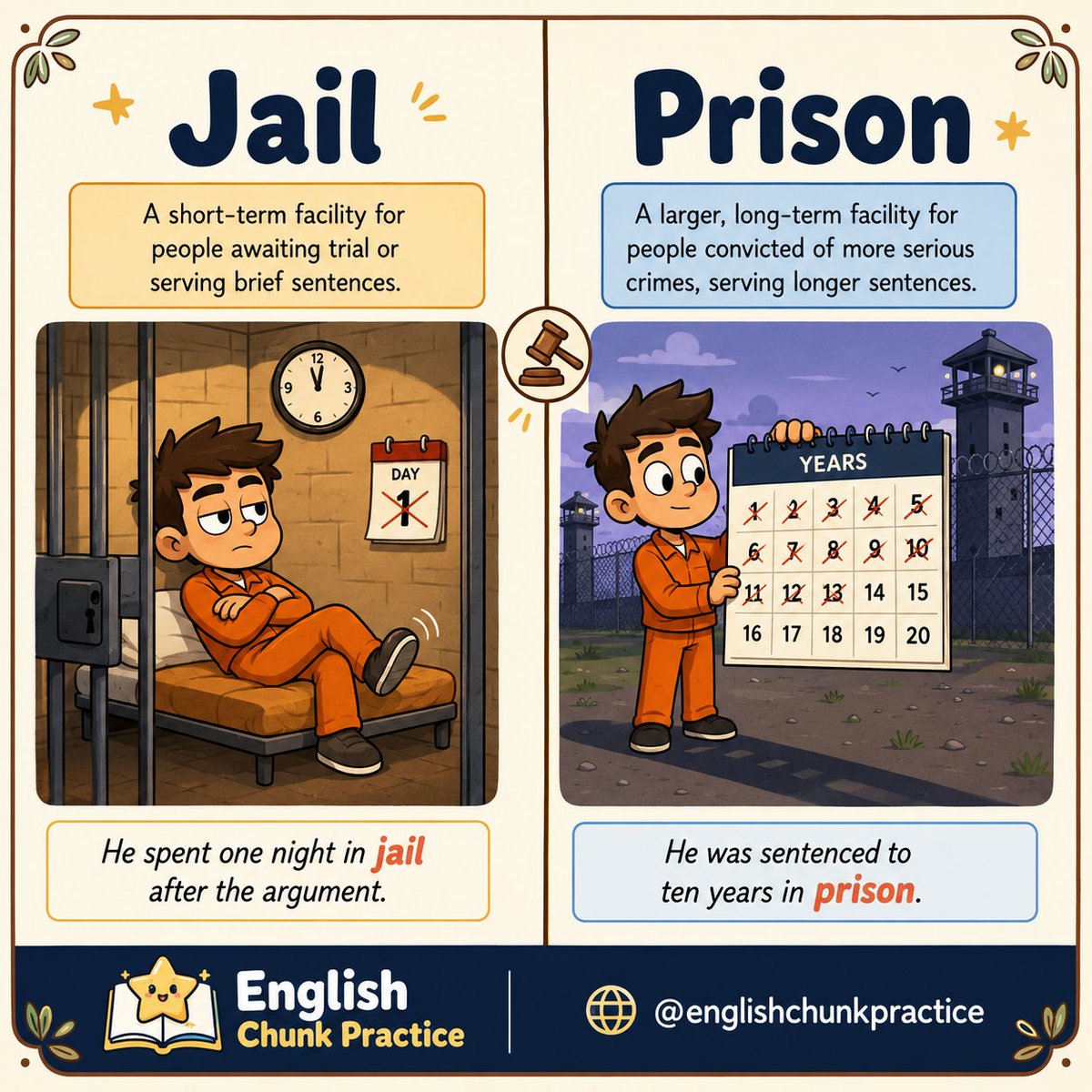 english_chunk's tweet photo. Jail vs. Prison! ⛓️🏛️ 

Most people use these words interchangeably, but legally and grammatically, they are NOT the same! Practice question below! 👇 https://t.co/QKTm39RS7d