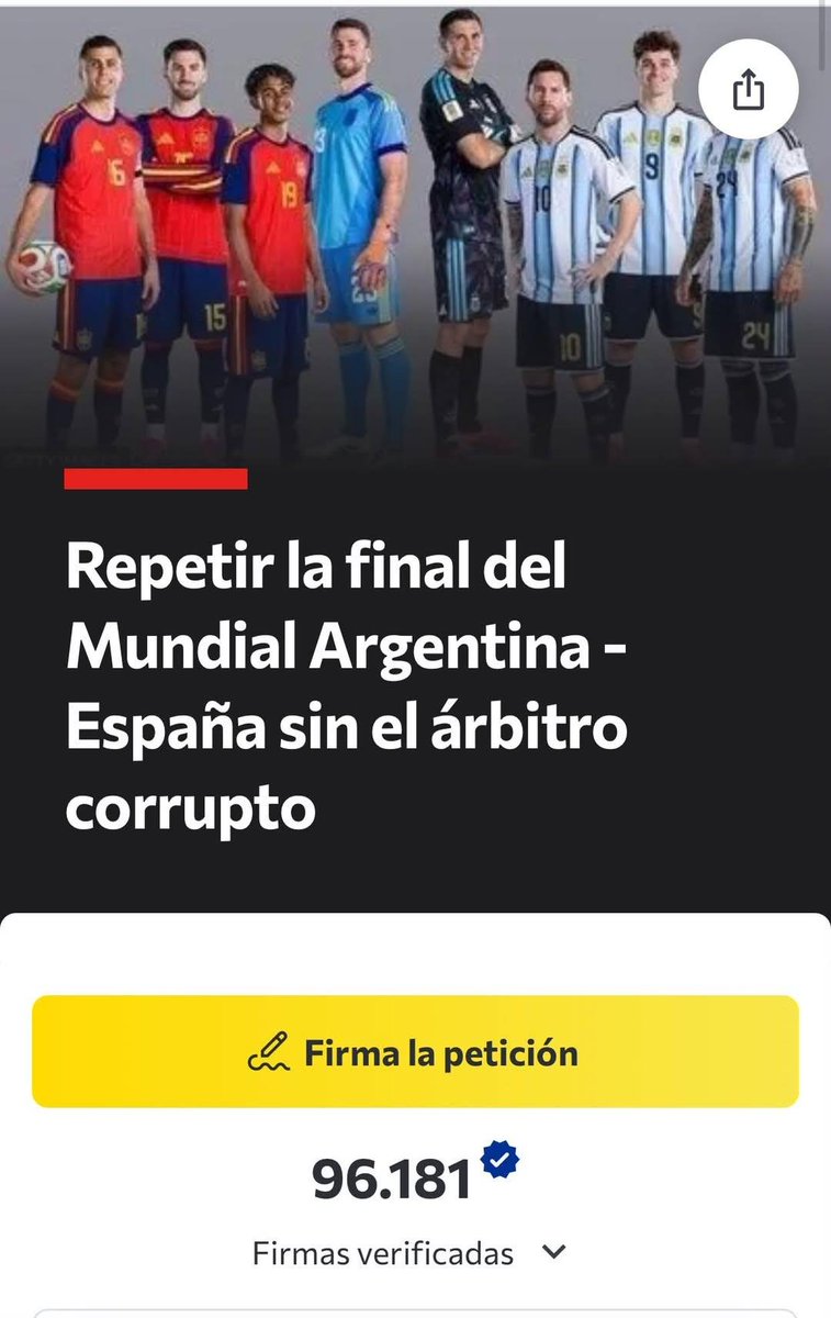Marcela252016's tweet photo. A ver seamos prácticos. Lanzaron esta petición de repetir la final del mundial el 20 de julio, es decir en 4 dias van 96181 firmas, 90% argentinos y la petición de sacar a Argentina de los mundiales PARA SIEMPRE, se creó a mediados de julio y la cerraron el miércoles 21 y recogió 23316108 MILLONES con firmas de 168 países. O sea en unos 6 dias aprox se recogieron 246 veces más firmas para que no jueguen nunca más en un mundial que para repetir la final… sólo piensen en eso.
Ninguna de las dos cosas van a pasar asi que ya lo que pasó ya pasó y seguir con la vida… Eso si el rechazo a nivel mundial es de preocupar y no no es envidia…