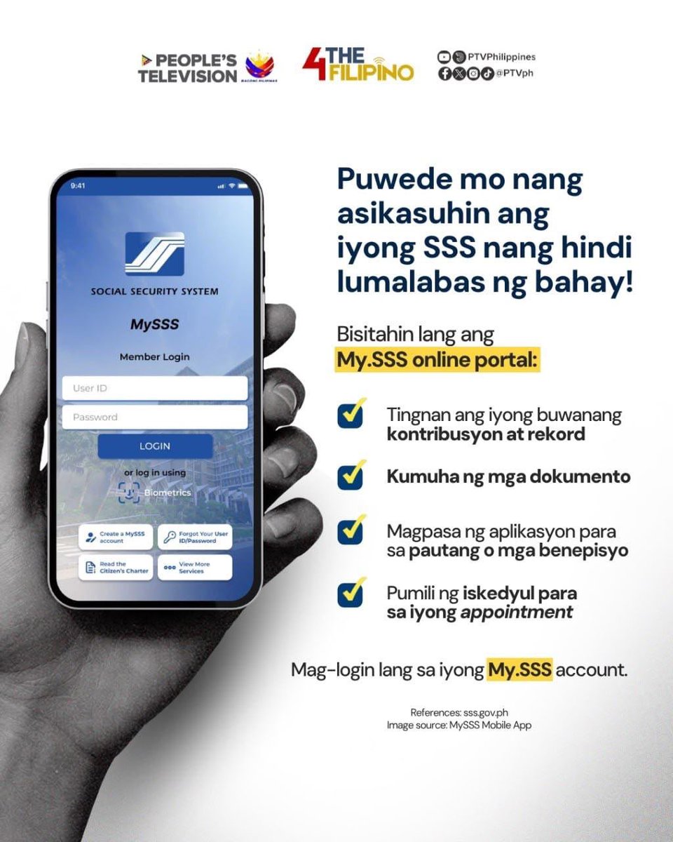 PTVph's tweet photo. Sa My.SSS, maaari mo nang asikasuhin ang iba't ibang transaksyon online. Mula sa pagtingin ng iyong kontribusyon hanggang sa pag-aapply para sa mga benepisyo at pautang.
#PTV #4TheFilipino #4TF
(1/2) https://t.co/smJHSQfsHK