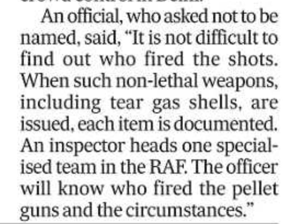 SushantSin's tweet photo. This from the HT is the nub of the issue. The RAF unit knows everything about the firing of the pellet gun, which means the CRPF and thus Amit Shah know everything. They just don't want to accept the truth in front of the country, and in particular, the students. https://t.co/WkNVRYQ6wV