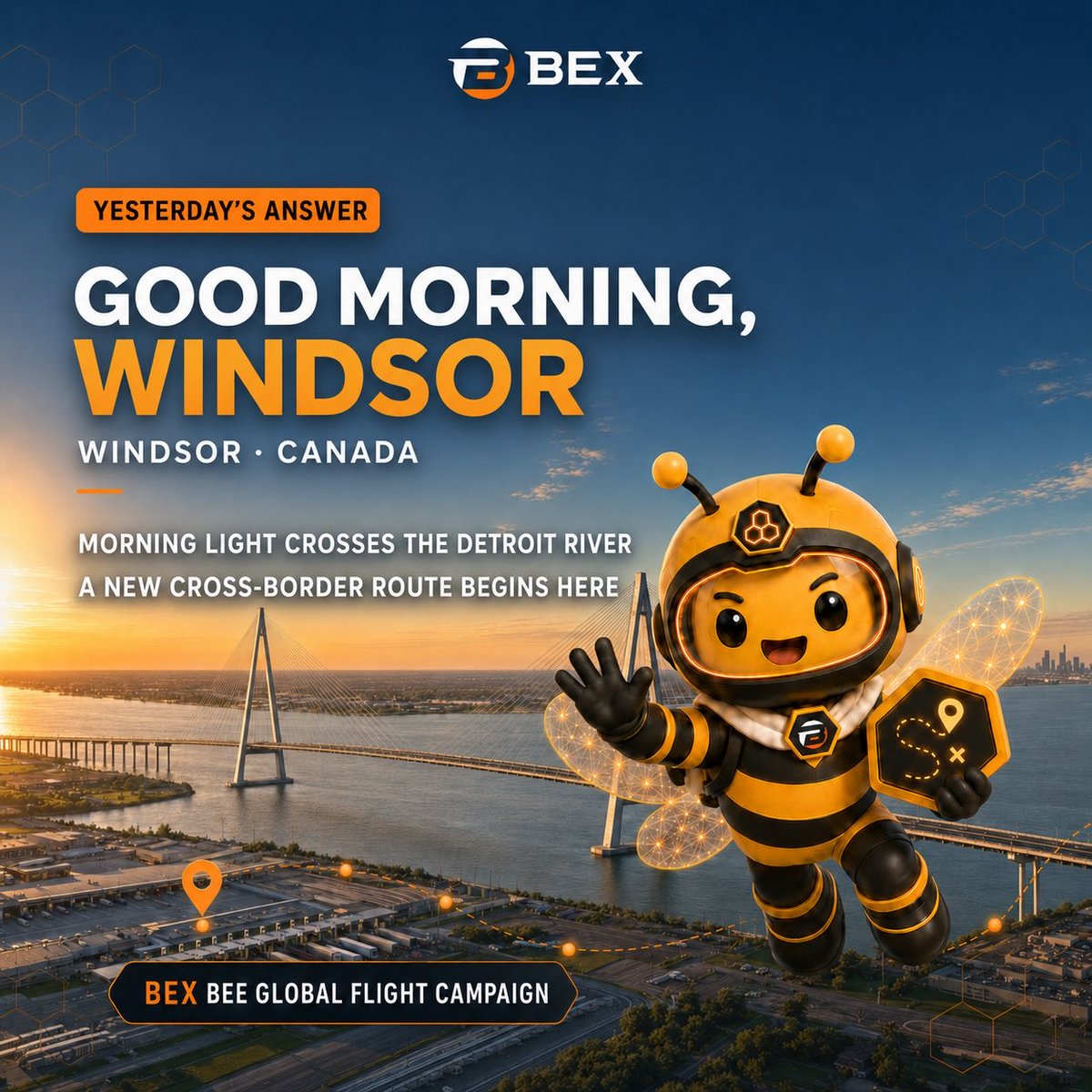 BEXTX_Global's tweet photo. Morning light crosses the Detroit River, gently illuminating the industrial districts and the new cross-border bridge connecting both shores.
A fresh breeze moves along Windsor’s waterfront as this border city awakens with the first rays of sunlight.
This morning carries the legacy of the automotive industry, together with the openness, connectivity, and energy that define Windsor.
Did you guess Windsor correctly last night? 🐝
📍 BEX Bee’s Stop Today: Windsor, Canada
🍯 Today’s Honey
Located in southern Ontario, Windsor sits directly across the river from Detroit. It is one of Canada’s most important automotive manufacturing and cross-border trade cities.
The Gordie Howe International Bridge connecting Windsor and Detroit has held its opening celebration and will officially open to traffic on July 27. The new crossing will strengthen transportation and trade links between the two countries, once again drawing global attention to both sides of the Detroit River.
As the morning light illuminates the cable-stayed bridge and the wide river, the BEX Bee follows this new cross-border route and arrives in Windsor, Canada.
🎁 Draw Reminder
Participants who commented “Windsor + BEX UID” under the original guessing post, guessed correctly, and passed BEX verification will qualify for this round’s draw.
After verification, BEX will use Grok to randomly select 10 unique winners from the eligible participants under the original post.
Number of Winners: 10
Reward per Winner: 1 BEX
Draw Time: After the morning reveal post is published
A correct guess does not guarantee a prize. At least 10 verified eligible participants are required for the draw. If there are fewer than 10, no draw will be held, and no rewards will be issued or carried over.
Please keep your original comment publicly visible. Late, edited, hidden, deleted, spam, bot-generated, or otherwise abnormal comments will be considered invalid.
Each X account may submit only one valid entry per round. The same BEX UID may receive no more than one reward across the Chinese and global channels. Duplicate selections will be redrawn.
Join the official BEX X community to receive the winner announcement and clues for the next destination:
https://t.co/8gNAJnL6j5
The BEX Bee continues its journey today.
See you at the next stop. 🐝✈️
#BEX #BEXBee #Windsor #Canada #AnswerRevealed