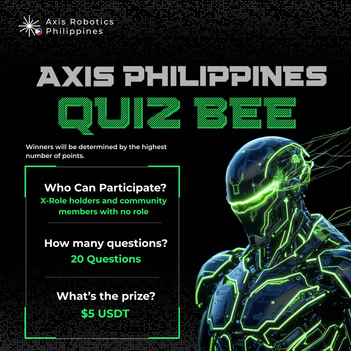EironFycee's tweet photo. At 4PM today! @axisrobotics @axisroboticsPh Quiz Bee is happening in the #Philippines Telegram Group chat under Games sub-channel. If you are a #Filipino. Join us now! 5 $USDT await the most number of points plus a surprise gift!
https://t.co/XqRDxhUPdE
Probably #AxisAccessCode? https://t.co/fRpoMZofLl