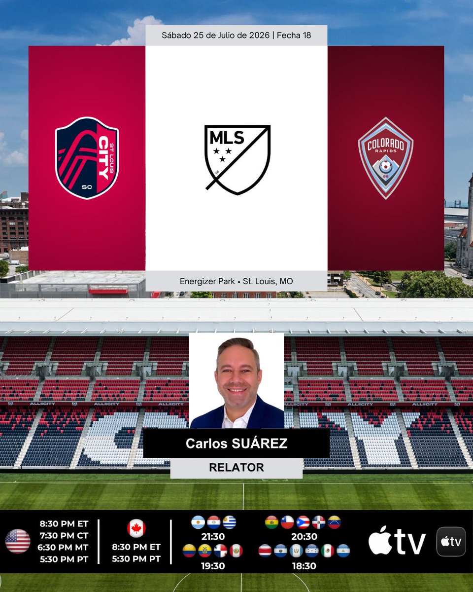 ProgramacionUS's tweet photo. ⚽️ #MLS 🇺🇸 | #StLouisCitySC vs. #ColoradoRapids

🎙Relator: @CarlitosSuarez
💻📱@AppleTV 🌎

#️⃣ #AppleTV - #STLvCOL https://t.co/P1e8wcY4qn