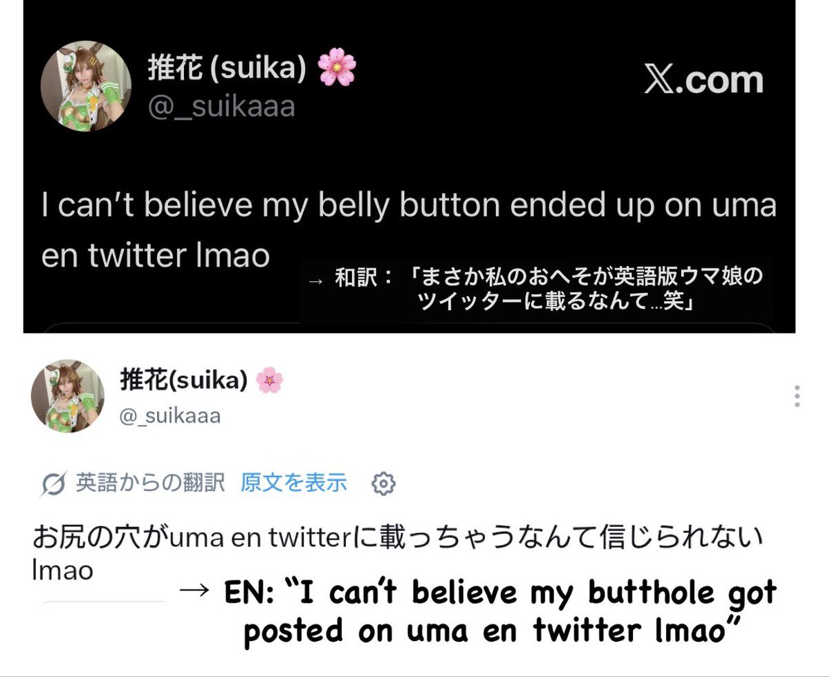_suikaaa's tweet photo. 「すいかさんのツイート、たまにXの自動翻訳でとんでもない訳され方してるよ」と相互さんに教えてもらったので　今後はできるだけ日英併記スタイルでいこうかなぁ…と思っているところです https://t.co/8WyjucXnRo