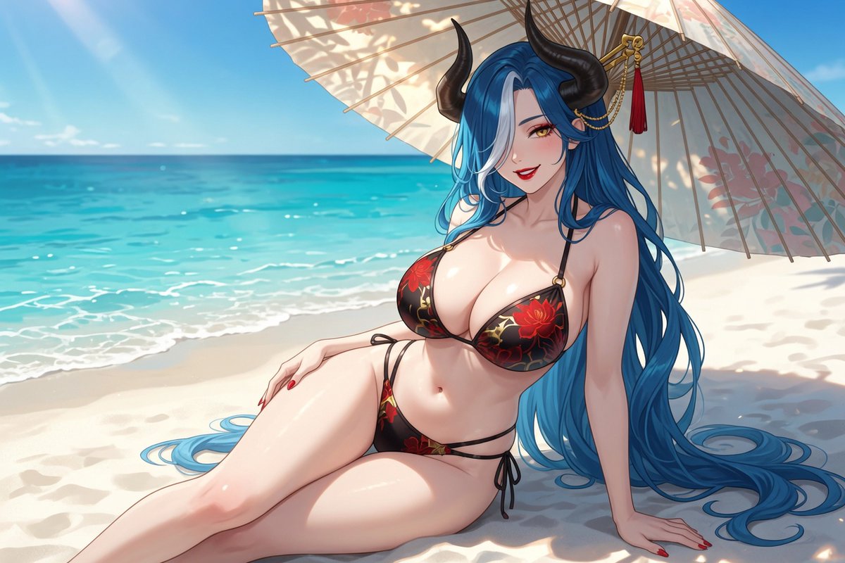 RyoAI53's tweet photo. @siniviere relaxing near the beach...
(Okay, now I know I'm really gonna burn for this beach image...)
 #AIアート #AIArt #vtuber https://t.co/wB8iMKPIU4