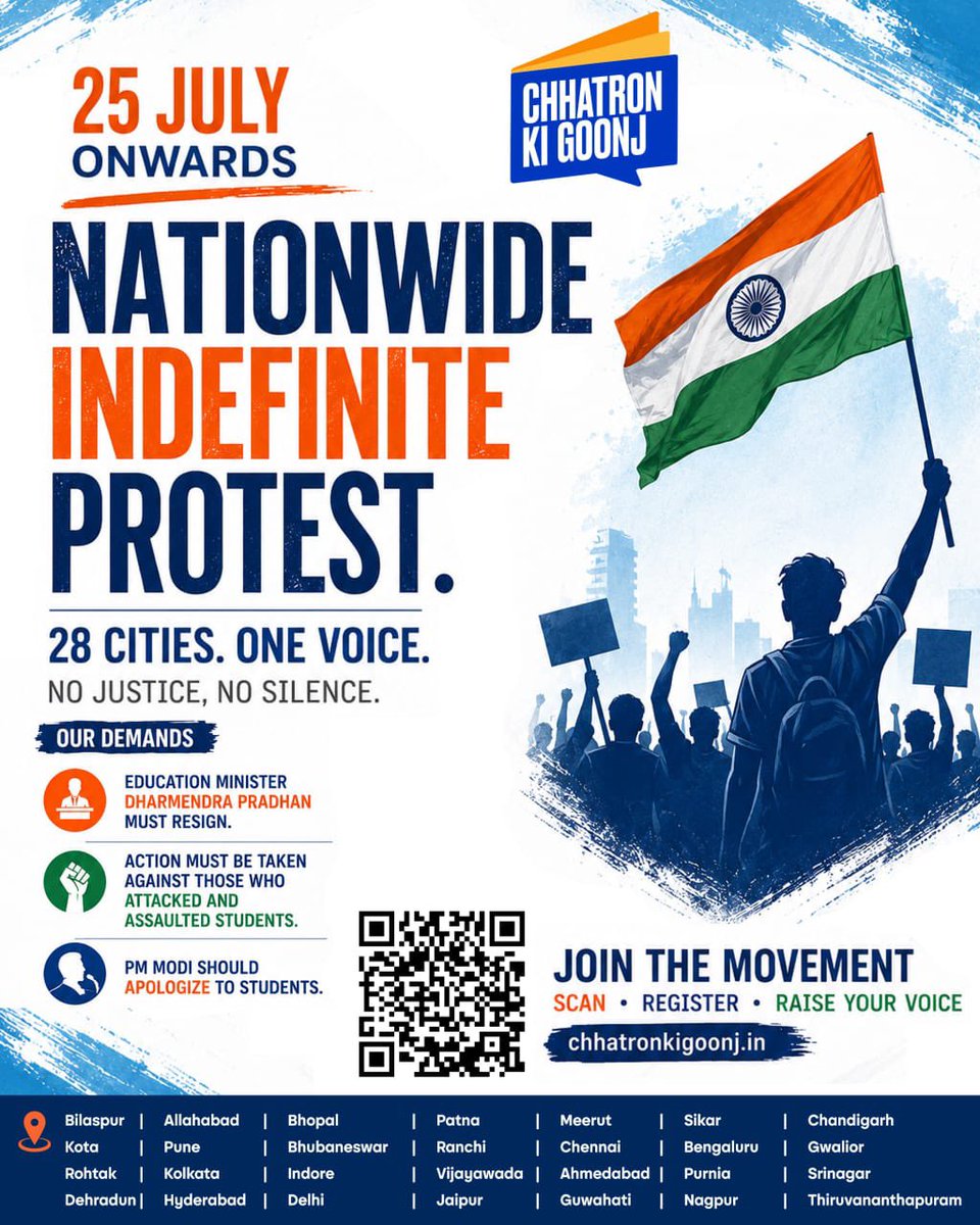 JakkidiShivaIYC's tweet photo. India's students are done waiting. 🫵🏻🔥

Starting 25 July, an indefinite nationwide protest begins across 28 cities against paper leaks, injustice, and attacks on students.

This movement won't stop until every student's voice is heard. ✊🏻

#ChhatronKiGoonj https://t.co/JUBusOQtJe