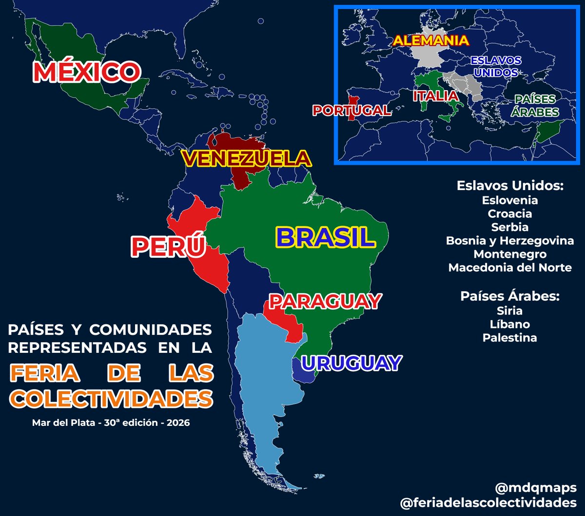 mdqmaps's tweet photo. 🌎 PAÍSES Y COMUNIDADES REPRESENTADAS EN LA 30ª EDICIÓN DE LA FERIA DE LAS COLECTIVIDADES https://t.co/X9MVs3ypKd