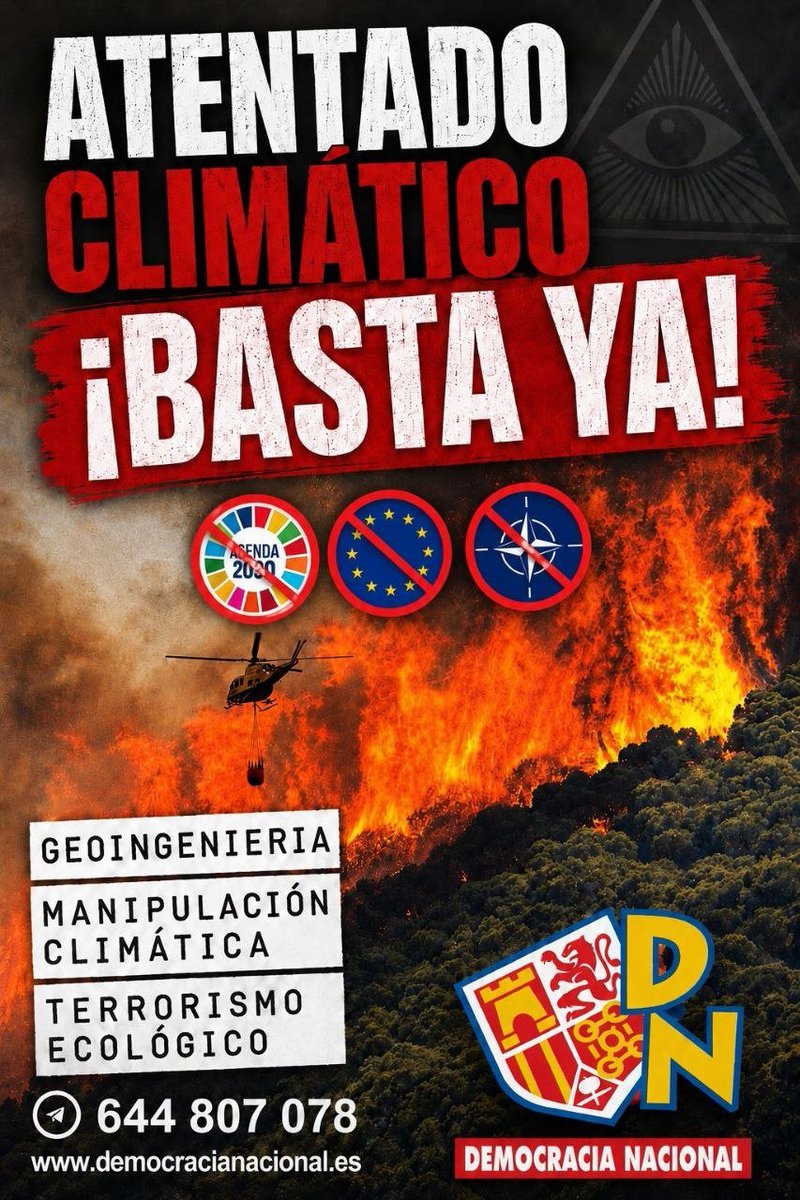 D_Nacional's tweet photo. 🔥Lo único que debe arder las políticas del régimen del 78🔥
La traición de los políticos del RÉGIMEN del 78 y el gobierno socialista de Sánchez es total. 
El abandono del medio rural, las restricciones que las leyes de transición ecológica implican, la reducción de la ganadería extensiva, que además favorece la acumulación de matorral y biomasa, aumentando el combustible disponible y haciendo que los incendios sean más difíciles de controlar es evidente.  Si ademas sumas cualquier técnica de modificación atmosférica con geoingeniería donde se introducen partículas para alterar la radiación, podemos decir que este sistema es responsable de unos incendios que más parecen atentados climáticos organizados, que incendios casuales.