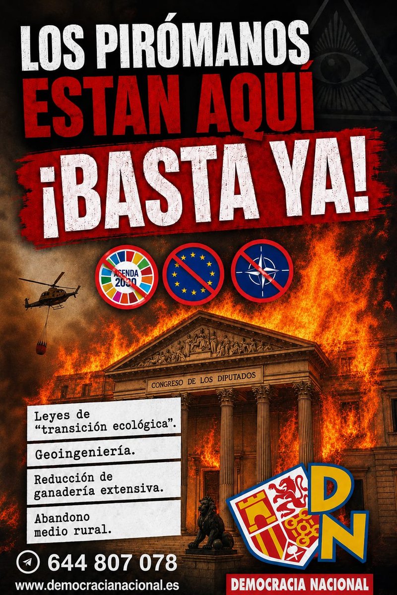 D_Nacional's tweet photo. 🔥Lo único que debe arder las políticas del régimen del 78🔥
La traición de los políticos del RÉGIMEN del 78 y el gobierno socialista de Sánchez es total. 
El abandono del medio rural, las restricciones que las leyes de transición ecológica implican, la reducción de la ganadería extensiva, que además favorece la acumulación de matorral y biomasa, aumentando el combustible disponible y haciendo que los incendios sean más difíciles de controlar es evidente.  Si ademas sumas cualquier técnica de modificación atmosférica con geoingeniería donde se introducen partículas para alterar la radiación, podemos decir que este sistema es responsable de unos incendios que más parecen atentados climáticos organizados, que incendios casuales.