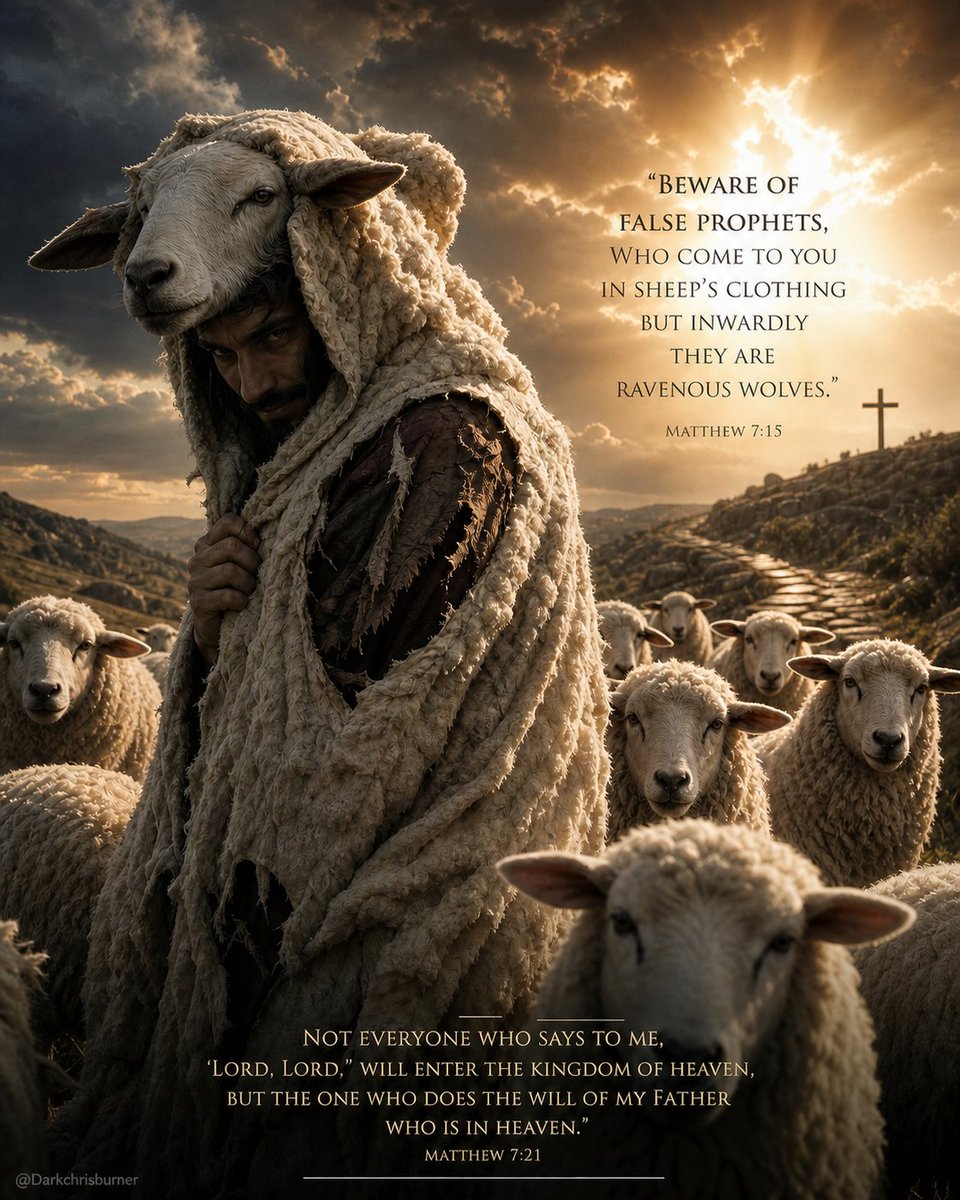 DarkChrisBurner's tweet photo. False Prophets, Sheep’s Clothing, and the Danger of Using God’s Name for Evil
Matthew 7:15–23-

This passage sits near the end of the Sermon on the Mount. Jesus has just taught about the narrow gate, the difficult road that leads to life, and the broad road that leads to destruction. Then He turns and warns His hearers about a specific danger that can pull people off that narrow path: people who claim to speak for God while serving something else entirely.

The Text (Matthew 7:15–23, ESV)-

“Beware of false prophets, who come to you in sheep’s clothing but inwardly are ravenous wolves. You will recognize them by their fruits. Are grapes gathered from thornbushes, or figs from thistles? So, every healthy tree bears good fruit, but the diseased tree bears bad fruit. A healthy tree cannot bear bad fruit, nor can a diseased tree bear good fruit. Every tree that does not bear good fruit is cut down and thrown into the fire. Thus you will recognize them by their fruits.

Not everyone who says to me, ‘Lord, Lord,’ will enter the kingdom of heaven, but the one who does the will of my Father who is in heaven. On that day many will say to me, ‘Lord, Lord, did we not prophesy in your name, and cast out demons in your name, and do many mighty works in your name?’ And then will I declare to them, ‘I never knew you; depart from me, you workers of lawlessness.’”

Why This Passage Cuts So Deep-

Jesus is not primarily warning about obvious pagans or open idolaters. He is warning about people who look like the flock. They wear the right clothing. They use the right language. They even operate “in His name.” Yet inside they are predators. The danger is not that they reject God outright—it is that they *use* God as cover while advancing something false or destructive.

The test Jesus gives is simple and relentless: fruit. Not gifts. Not miracles. Not volume of religious activity. Fruit. What does their life and teaching actually produce? Does it lead people toward holiness, humility, truth, and obedience to the Father..or toward something else?

Then Jesus goes further. He describes a future moment of judgment where people will stand before Him and list impressive spiritual résumés: prophecy, exorcisms, miracles—all done in His name. His response is devastating: “I never knew you.” Relationship, not performance, is the decisive issue. Works done without genuine knowing of Christ are still works of lawlessness.

The Pattern Across Scripture-

This is not a new problem. The Old Testament repeatedly confronts false prophets who claimed “Thus says the Lord” while speaking their own words (see Jeremiah 23:16–17, 21–22; Ezekiel 13). They told people what they wanted to hear. They promised peace when there was no peace. They used the name of the living God to prop up what was false.

Jesus brings the same warning into the New Covenant era. The danger remains: religious language, spiritual power, and the name of God can be weaponized. When that happens, the result is not just error..it is evil dressed in sacred clothing.

Why This Matters Right Now-

Every generation faces people and movements that invoke God while pushing agendas that contradict His character and His Word. The form changes; the danger does not. Some use God’s name to justify control, greed, cruelty, or compromise. Others use it to gain influence, silence opposition, or baptize their own ambitions. The fruit eventually shows. The question Jesus forces us to ask is not “Do they sound spiritual?” but “What is actually being produced, and does it align with the will of the Father?”

This passage is also a mirror. It forces every believer to examine their own life. It is possible to speak about God, serve in His name, and still not know Him. The warning is not only for “them.” It is for us.
