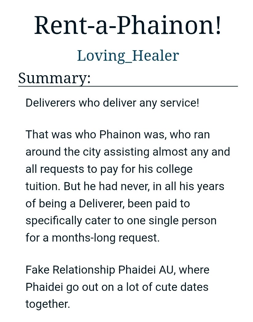 Loving_Healer's tweet photo. ☀ #Phaidei
☀ Rated E
☀ Longfic, Modern AU
☀ Fake dating, Slow burn
☀ Main story complete 32/32 ✅
☀ Side stories incomplete ⏳ https://t.co/uFUgUic819