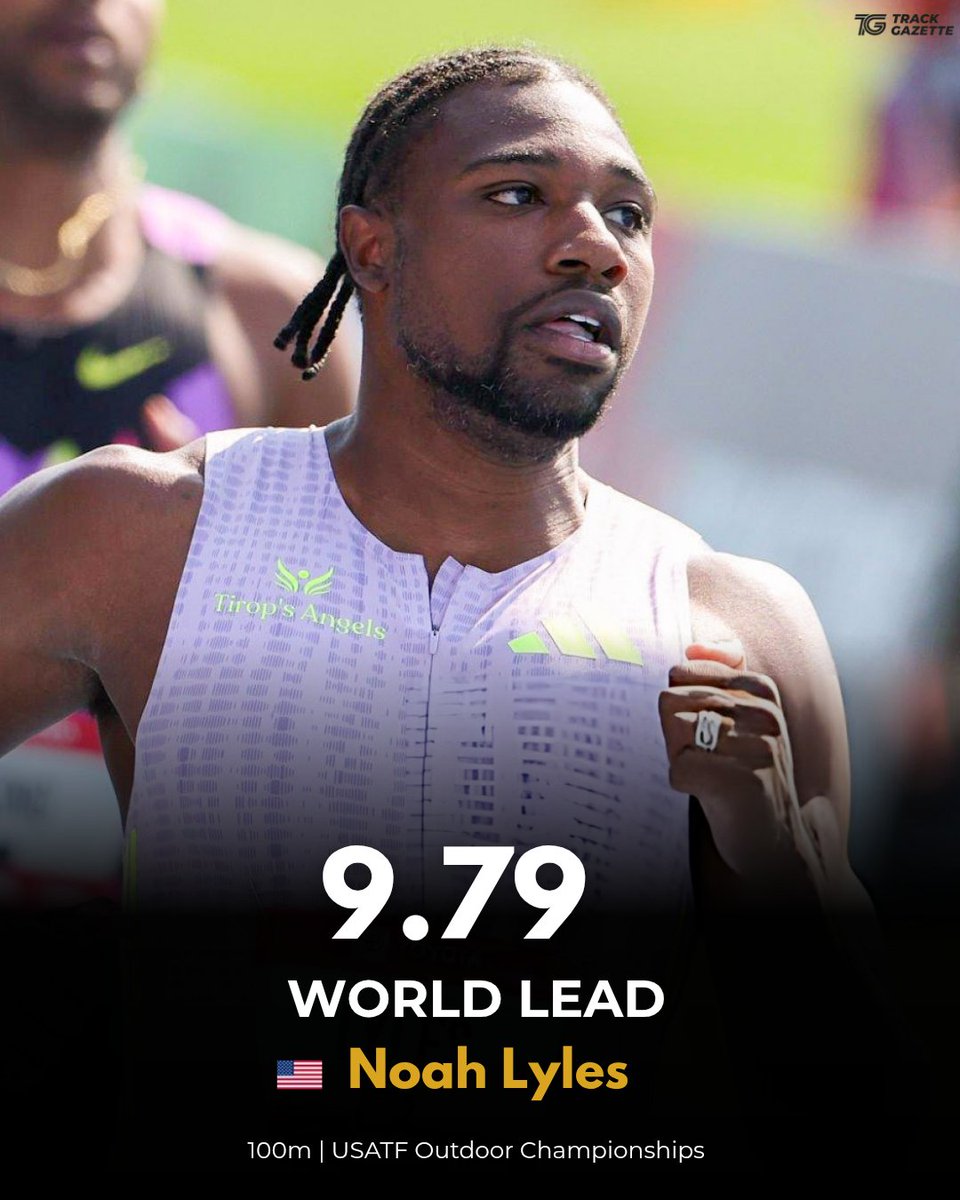 TrackGazette's tweet photo. WORLD LEAD!!!!

Noah Lyles 🇺🇸 powered to a World Lead of 9.79s (+0.8) to win the US men's 100m title in New York!

A strong Ronnie Baker came 2nd in 9.88s, ahead of Kenny Bednarek who was 3rd with the same time.

Christian Coleman finished 4th in 9.93s. https://t.co/f2aWyWobXr