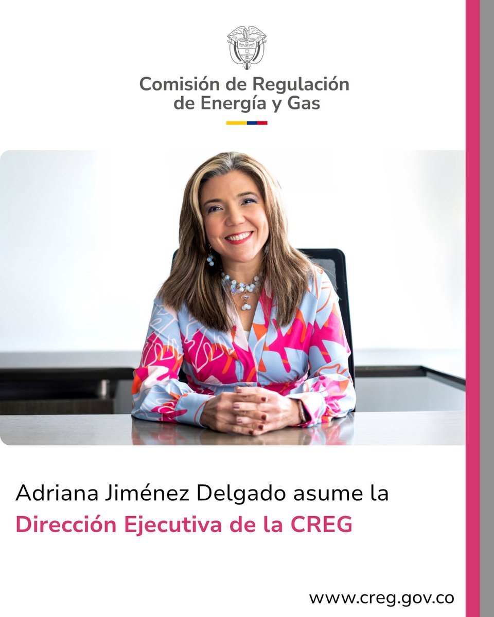 comisioncreg's tweet photo. La CREG eligió a Adriana Jiménez Delgado como nueva Directora Ejecutiva de la entidad para un periodo de 12 meses, en cumplimiento del reglamento interno, tras la culminación del segundo periodo del ingeniero Antonio Jiménez Rivera.
https://t.co/o2QQW46s3c https://t.co/qcZTtfXmVf