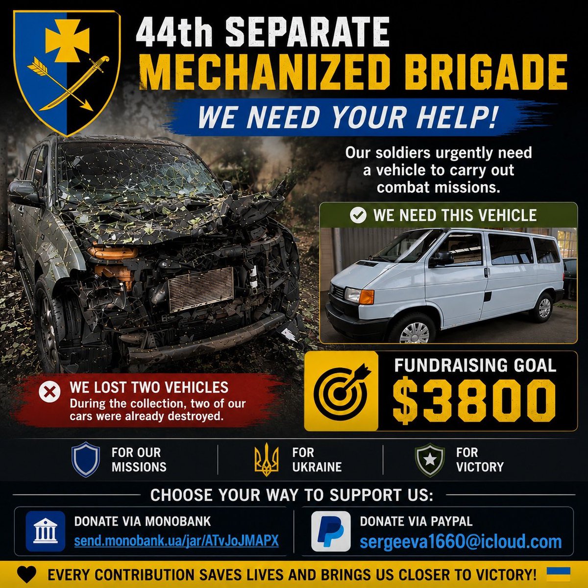 LizogybMarina's tweet photo. 🆘 2435 $ 
PayPal : sergeeva1660@icloud.com

Critically.Urgently need a military car.The enemy is advancing.Soldiers risk their lives every day,get injured and die,holding back the enemy.

They need a car right now to perform combat missions and protect the country from the enemy https://t.co/gM64xD0VpW
