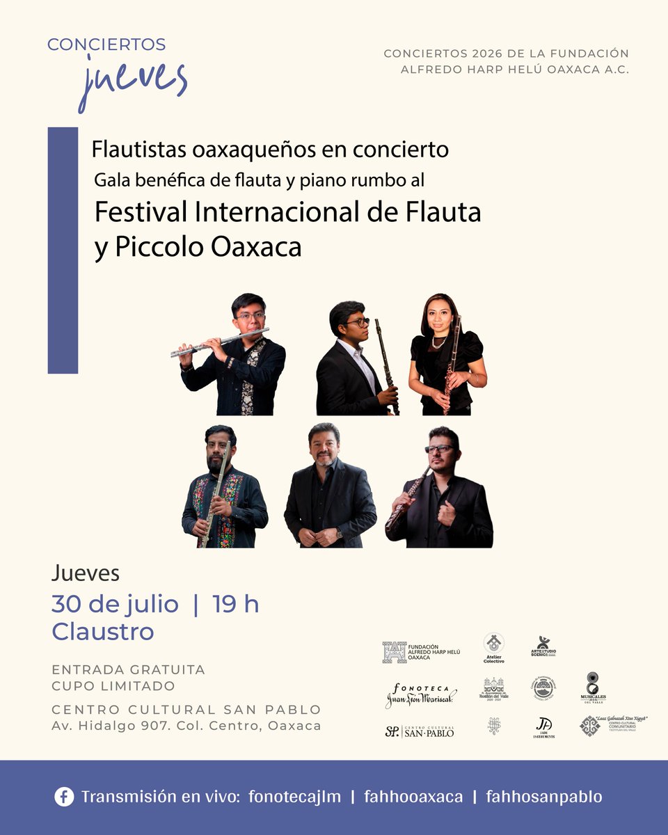 FonotecaJLM's tweet photo. La Fonoteca te invita al concierto del @FIFyPO_OAX el próximo jueves 30 de junio a las 19 h en el claustro del @fahho_sanpablo 
@FundacionAHHO 

ENTRADA LIBRE
CUPO LIMITADO https://t.co/A4qgjg74uI