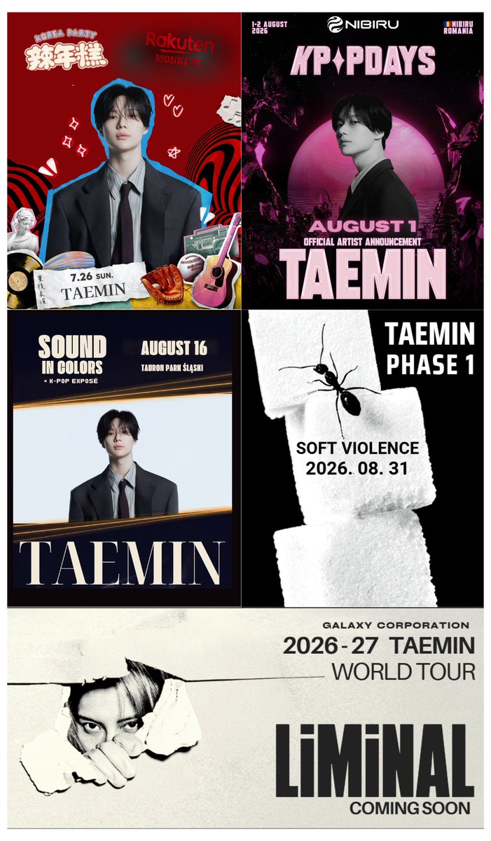 TaeminGlobal's tweet photo. [🗓️] #TAEMIN 2026 Schedule [Updated]
🌐[Upcoming]

🇹🇼 Spicy Rice Cake Party | Post-Game Performance | Taemin  July 26 📍  Taipei Dome
🇷🇴 Kpop Days Aug 1 Nibiru Arena, Romania
🇵🇱 Sound in Colors K-POP EXPOSÉ Aug 16 -  📍TAURON Silesian Park, Chorzów, Poland
🎶TAEMIN  PHASE 1 : Soft Violence  - Comeback on   Aug  31 -  6{00 PM (KST)
✈️TAEMIN  LIMINAL 2026_27 WORLD_TOUR  
📢Coming soon

#TAEMIN #태민 #テミン #泰民