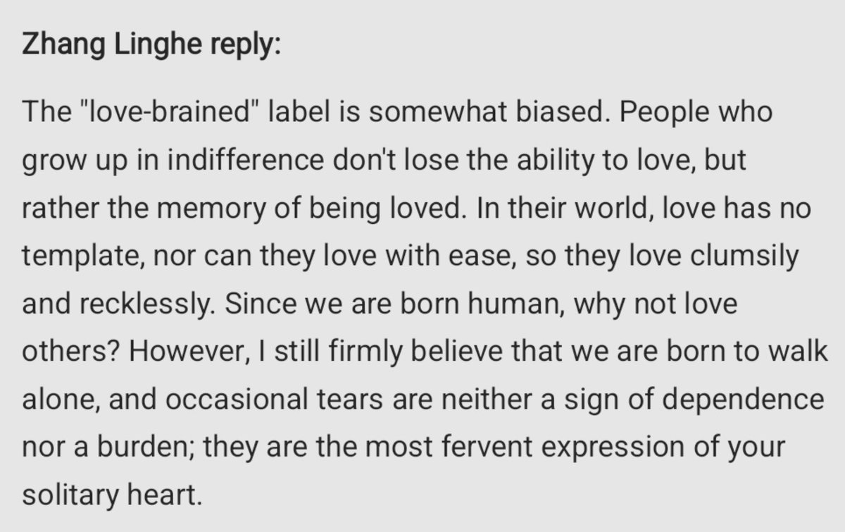 everydayzlh's tweet photo. •072526• zhang linghe weibo reply 💌

talking about murong qingyi characterization in #Overdo: 

𝘗𝘦𝘰𝘱𝘭𝘦 𝘸𝘩𝘰 𝘨𝘳𝘰𝘸 𝘶𝘱 𝘪𝘯 𝘪𝘯𝘥𝘪𝘧𝘧𝘦𝘳𝘦𝘯𝘤𝘦 𝘥𝘰𝘯'𝘵 𝘭𝘰𝘴𝘦 𝘵𝘩𝘦 𝘢𝘣𝘪𝘭𝘪𝘵𝘺 𝘵𝘰 𝘭𝘰𝘷𝘦, 𝘣𝘶𝘵 𝘳𝘢𝘵𝘩𝘦𝘳 𝘵𝘩𝘦 𝘮𝘦𝘮𝘰𝘳𝘺 𝘰𝘧 𝘣𝘦𝘪𝘯𝘨 𝘭𝘰𝘷𝘦𝘥.

I think this is for the people who keep questioning why qingyi keep coming back for susu after everything that happened. for qingyi, susu is the first person who gave him that feeling of being loved and he keep that memory until 3 years later. 

for him to keep coming back to her is not "love-brained" or "obsessed" or even weak. it's because of the way she treated him in a way that none ever done, not even his family so that the memory left by her is strong enough to make him never think about moving on (preview ep 17).