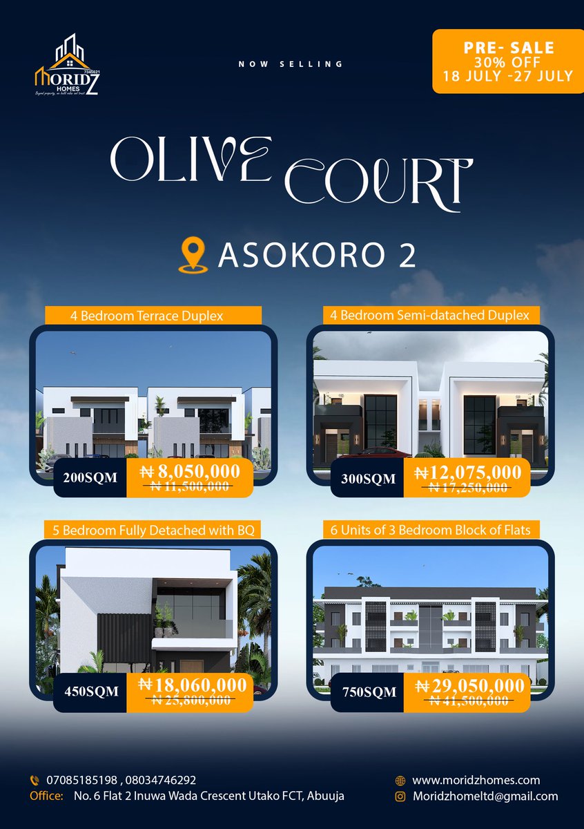 LinusBlase's tweet photo. 🚨 30% PRE-SALE DISCOUNT IS HERE! 🚨

For a limited time only, secure your plot at Olive Court, Asokoro 2 with an incredible 30% OFF.

📅 Offer Ends: July 27

Available Plot Sizes:
📍 200sqm – Ideal for a 4-Bedroom Terrace Duplex https://t.co/bAzLVgzZin