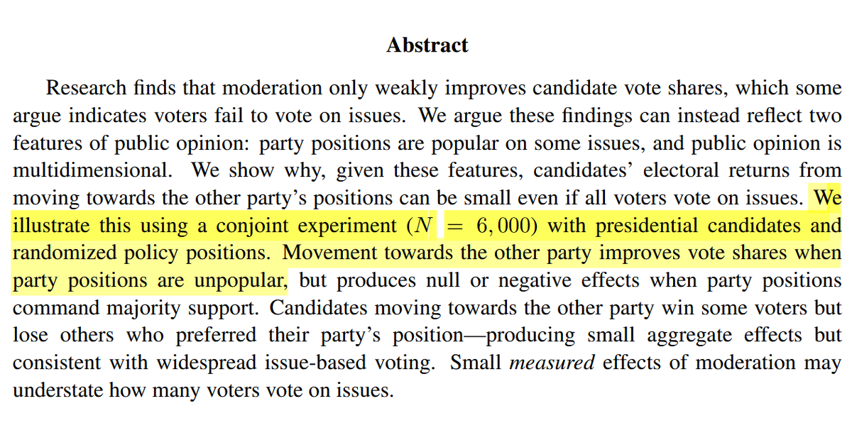 DeDurkheim's tweet photo. 🧵What issues should Democrats moderate on to win swing voters? This article examined varying positions on 29 issues. Moderation generally didn't produce large effects on hypothetical vote intention. But here's a thread of the 9 that had the biggest, in ascending order of impact. https://t.co/lQH5ap5ibN