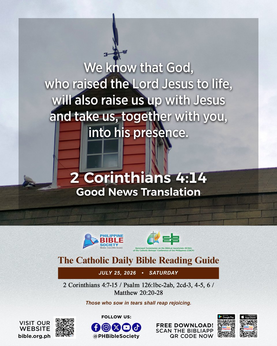 PHBibleSociety's tweet photo. Join us for a meaningful journey through the Word of God! Today's Scripture reading is from:
2 Corinthians 4:7-15
Psalm 126:1bc-2ab, 2cd-3, 4-5, 6
Matthew 20:20-28
#DailyBibleReadingGuide
#PBS #PHBibleSociety https://t.co/ubkKYXdp3R