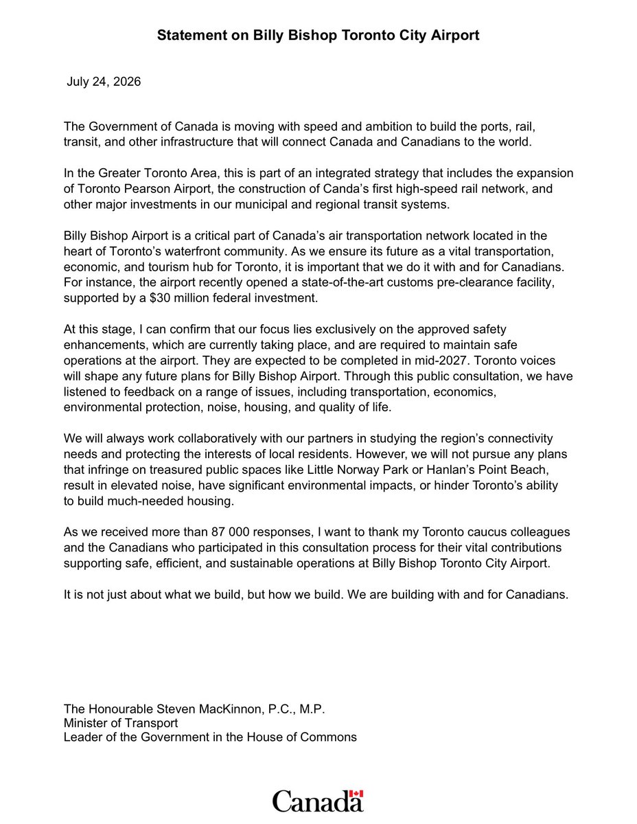 stevenmackinnon's tweet photo. My statement on Billy Bishop Toronto City Airport. https://t.co/4K1J4eropy