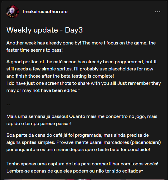 AxiFreak's tweet photo. 🎟️Atualização semanal - Dia 3🎟️

 Mais uma semana se passou! Quanto mais me concentro no jogo, mais rápido o tempo parece passar!

Boa parte da cena do café já foi programada, mas ainda faltam alguns sprites simples.  (+) 

#TFC #TheFreakCircus https://t.co/7NXkskt5jK