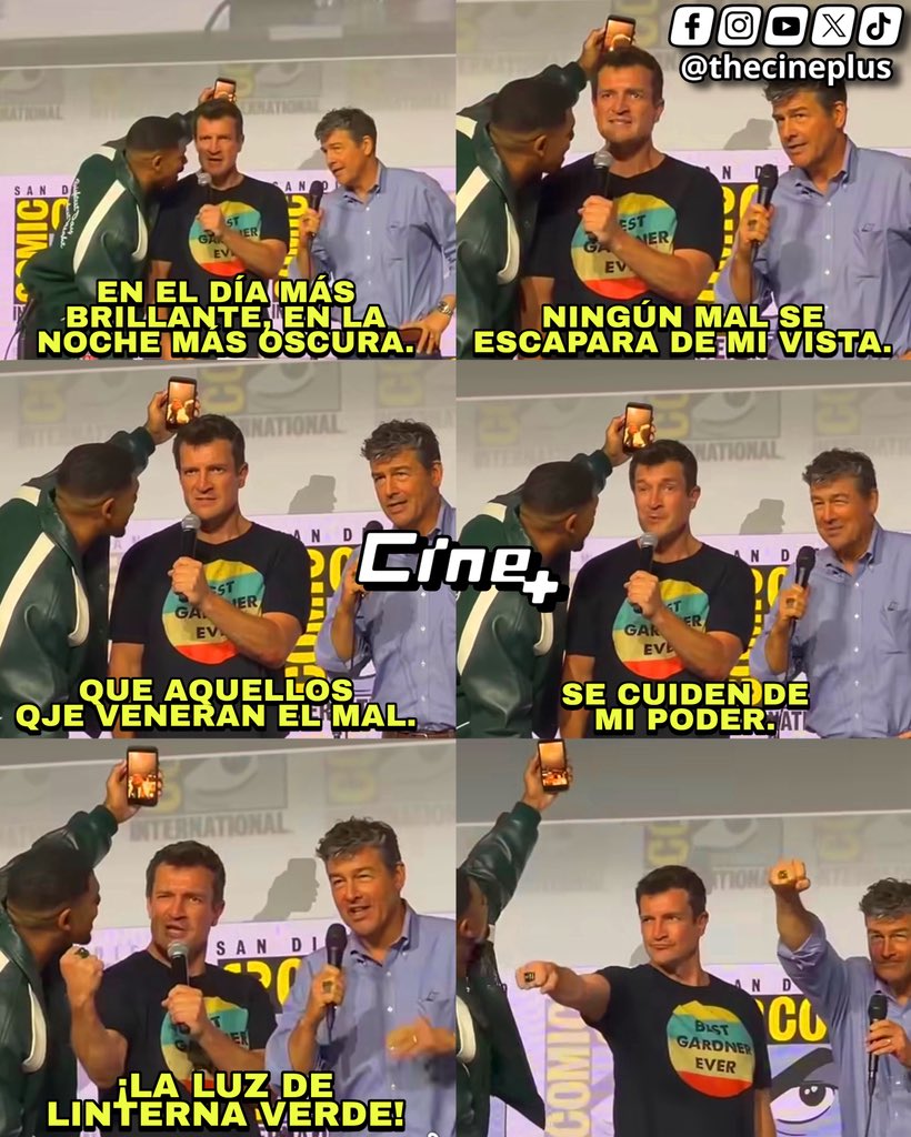 TheCinePlus's tweet photo. Aaron Pierre, Kyle Chandler y Nathan Fillion recitan el juramento de los Green Lantern en el panel de “Lanterns” en la SDCC 2026.

Nuestros tres linternas de la tierra en el DCU. https://t.co/Z8TaRJpwpj
