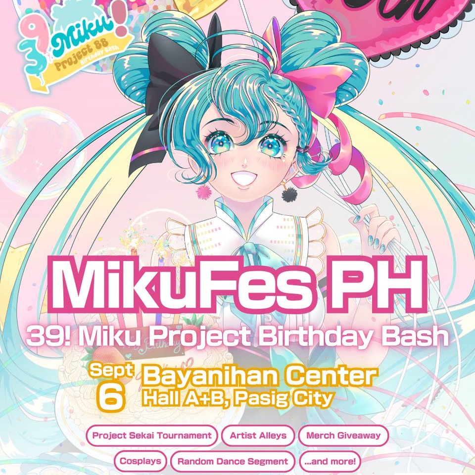 MikuPHFanbase's tweet photo. It's Miku's 19th Birthday and we're going all out for MikuFes PH! Come for the Project SEKAI tournament and live sets, stay for the artist alleys and cosplay contests with prizes worth up to 50,000 pesos. She's waiting for you on September 6 at the Bayanihan Center, Pasig!