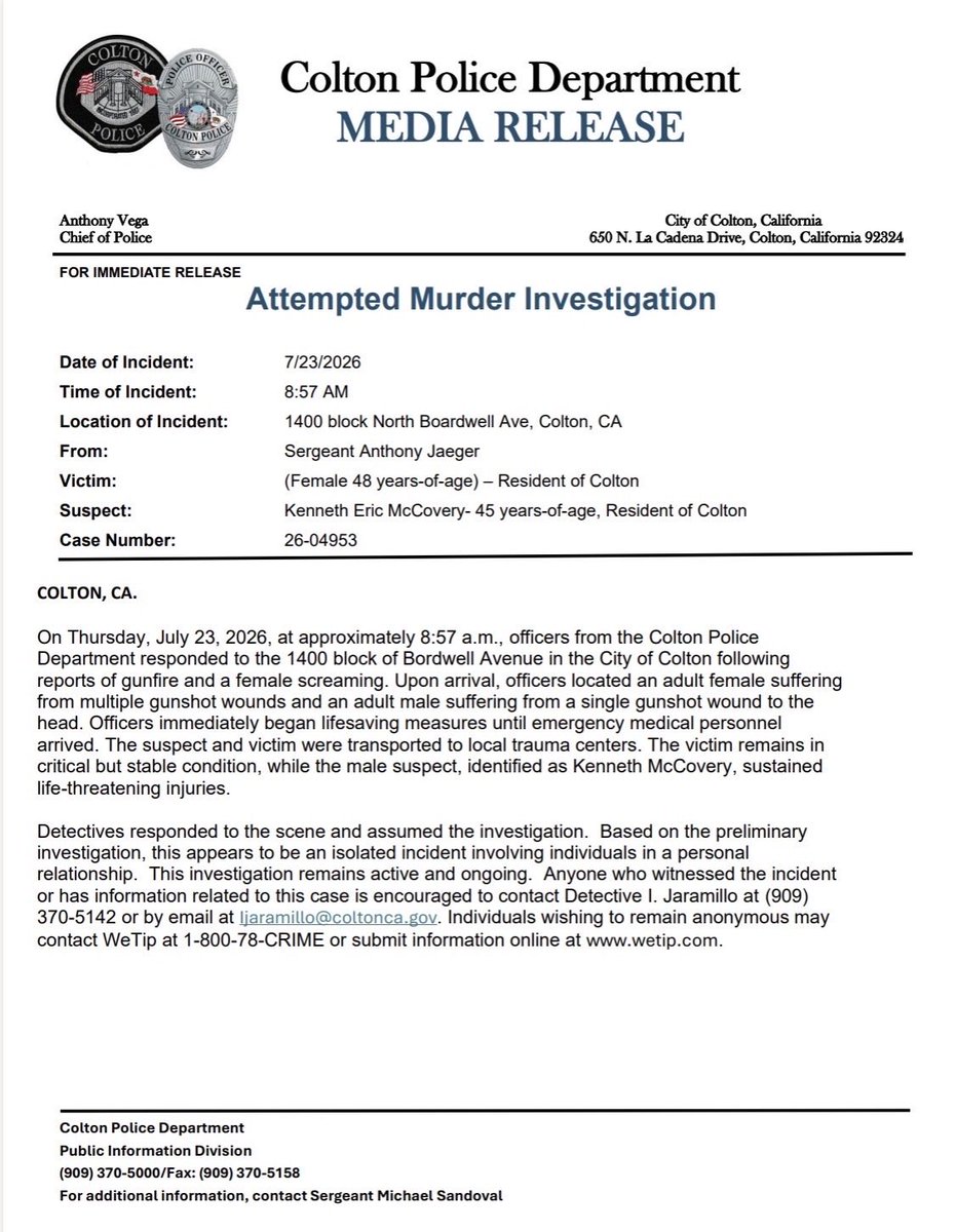 Colton_PD's tweet photo. Media Release:

July 23rd, 2026
Attempted Murder Investigation https://t.co/Zo1qOPF8uI