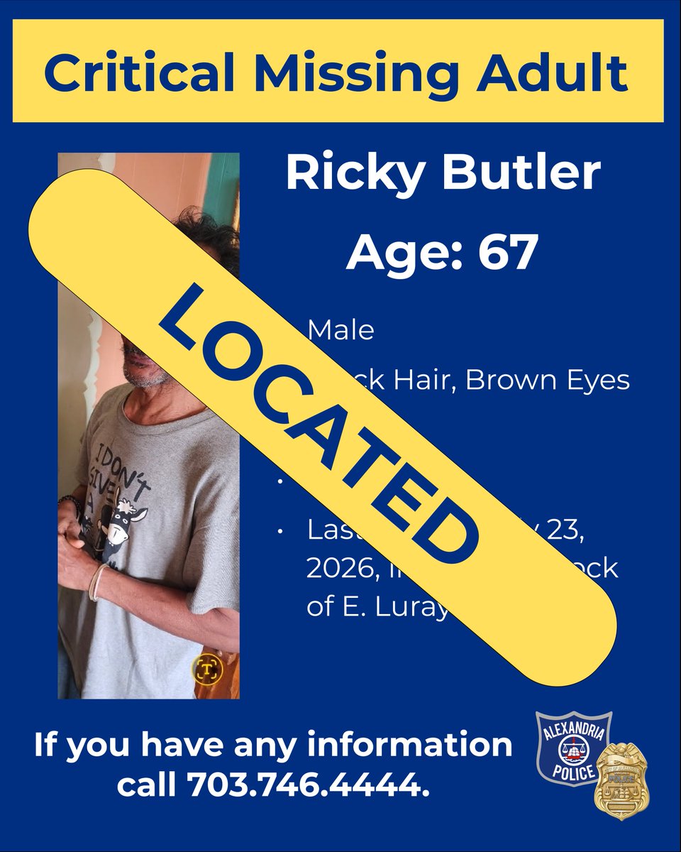 AlexandriaVAPD's tweet photo. Update: Mr. Butler has been located safe and sound.

Thank you to everyone who shared our post and helped us get the word out.

#OneAPD #OneAlexandria https://t.co/IsinkEH7iK
