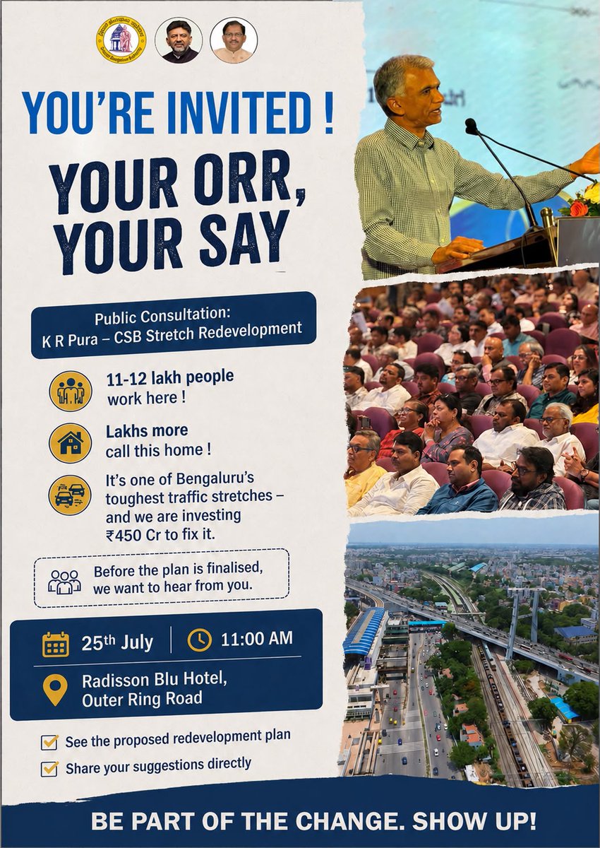krishnabgowda's tweet photo. The K R Pura - CSB ORR redevelopment consultation at 11 am today, has been shifted to Radisson Blu Hotel, Outer Ring Road, due to space constraints at the previous location.