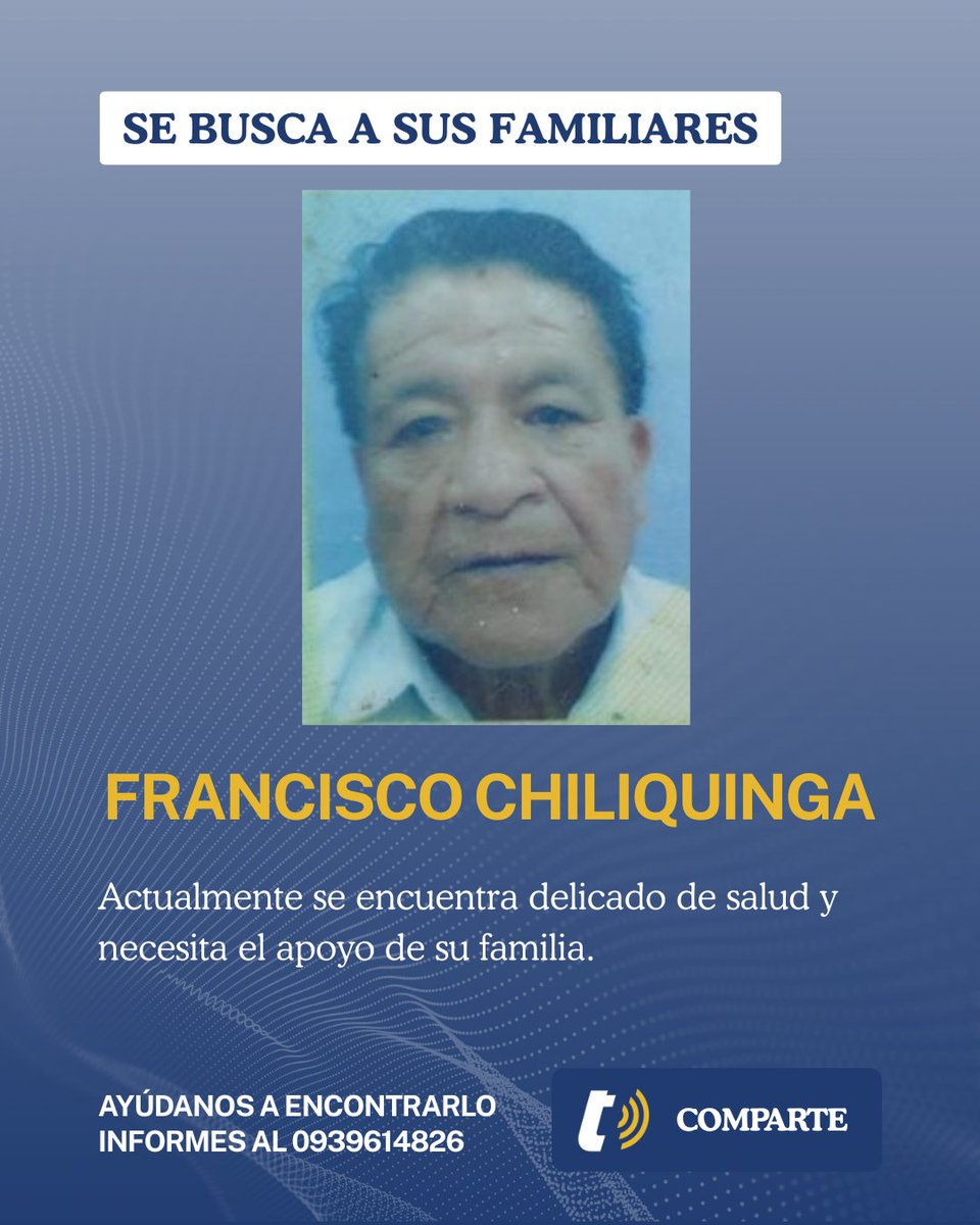 tomebamba's tweet photo. Se solicita el valioso apoyo de la ciudadanía para dar con el paradero de la familia de Francisco Chiliquinga Tul, nacido en Quito el 26 de octubre de 1940 y con residencia actual en la parroquia Sinincay, en Cuenca.

El ciudadano se encuentra atravesando un estado delicado de salud y requiere urgentemente la compañía y respaldo de sus allegados. Si usted lo reconoce o dispone de información que permita contactar a sus familiares, por favor comuníquese de inmediato al número 0939614826. Agradecemos difundir esta publicación para ampliar su alcance. 📢🤝🏥
