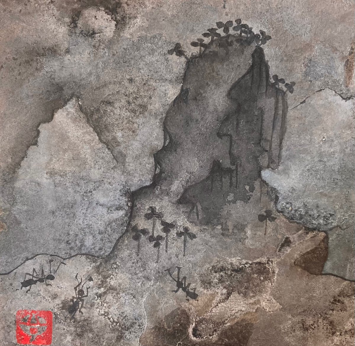 蟻岬】 和紙 墨、アクリル 8×8cmくらいの小品 架空の風景の山水画です