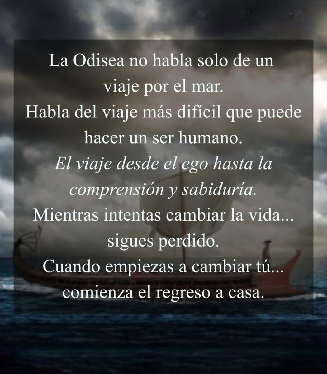 EOAlonsoZamora's tweet photo. Todos estamos librando batallas. 
Con el tiempo descubres que casi nunca es contra otras personas, sino contra el orgullo, el miedo, la necesidad de controlar y el ego que quiere tener siempre la razón. Quizá por eso La Odisea sigue vigente casi 3,000 años después.
🌊 🌊 🌊 https://t.co/89saJ6vTaM