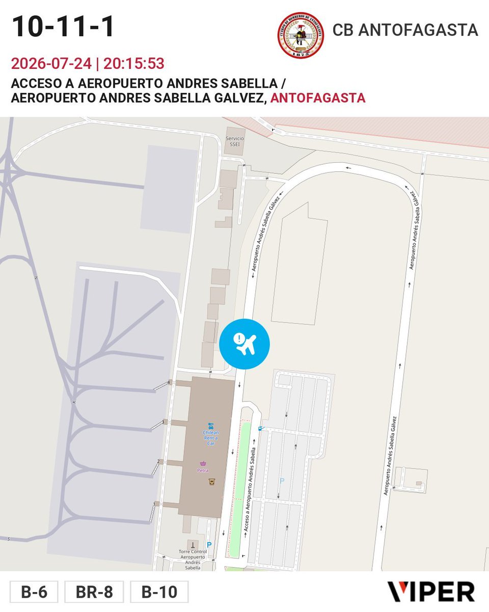BombaPrat's tweet photo. Bomberos Antofagasta concurre hasta el AEROPUERTO ANDRES SABELLA, avanzan unidades B-6, BR-8, B-10 por Activación de Fase 2 [Aeronave]. https://t.co/6oOEju2Re2