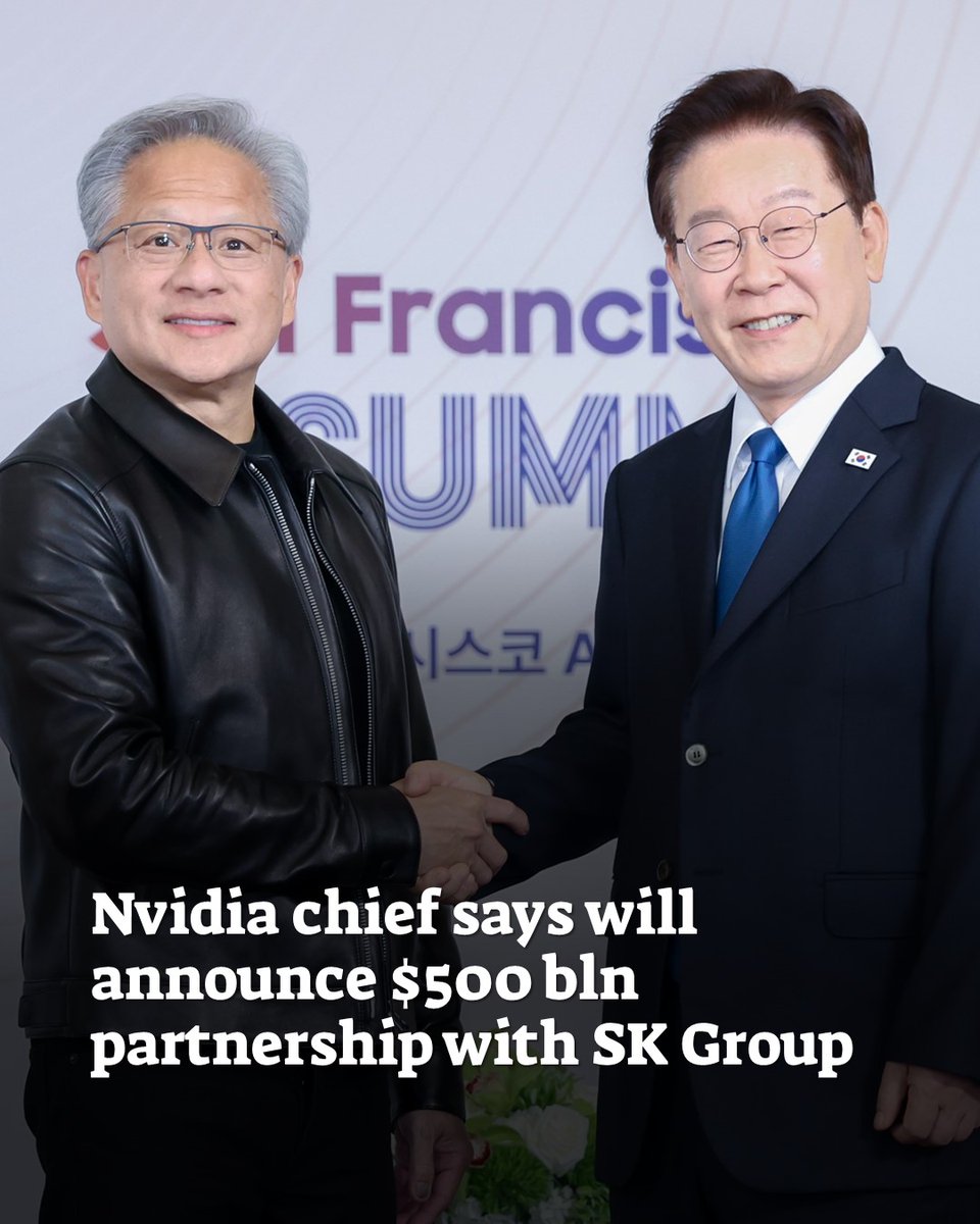 TheKoreaHerald's tweet photo. President Lee Jae Myung held a meeting with Nvidia Chief Executive Officer Jensen Huang on Friday, during which the tech executive said his company will announce a $500 billion business partnership with South Korea's SK Group.
The meeting took place on the first day of Lee's two-day trip to San Francisco aimed at promoting AI investment and cooperation between global tech giants and South Korea.
https://t.co/DQ7gZu2nWd