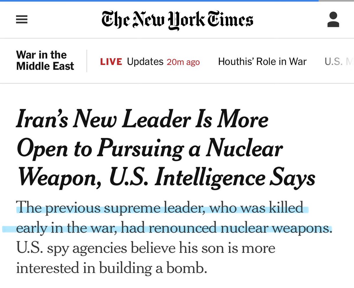 Villgecrazylady's tweet photo. Everyone who told you Iran was building a nuclear weapon lied. 

The President, Congress, Netanyahu, the influencers, the Fox News hosts. ALL of them lied. 

They killed an old man who never wanted a nuke to provoke a civil war and what they got instead was a united Iran and a much younger leader who isn’t encumbered by fairytale notions about an international law that doesn’t actually exist.