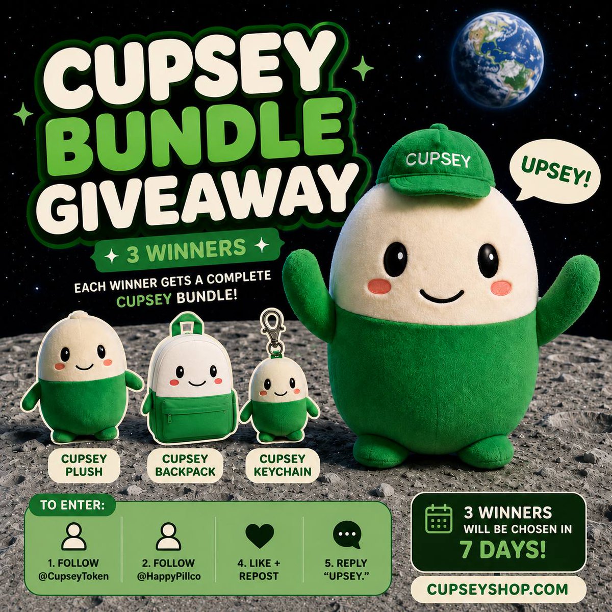 HappyPillco's tweet photo. Been wanting to do this for a while… 💚

I’m giving away 3 complete $Cupsey bundles!

Each winner will receive:

💚 Cupsey Plush
🎒 Cupsey Backpack
🔑 Cupsey Keychain

To enter:

• Follow @CupseyToken
• Follow @HappyPillco
• Like + Repost this post
• Reply with “upsey.”

I’ll randomly pick 3 winners in 7 days.

Good luck everyone 💚

https://t.co/Jvc7m4lj7z