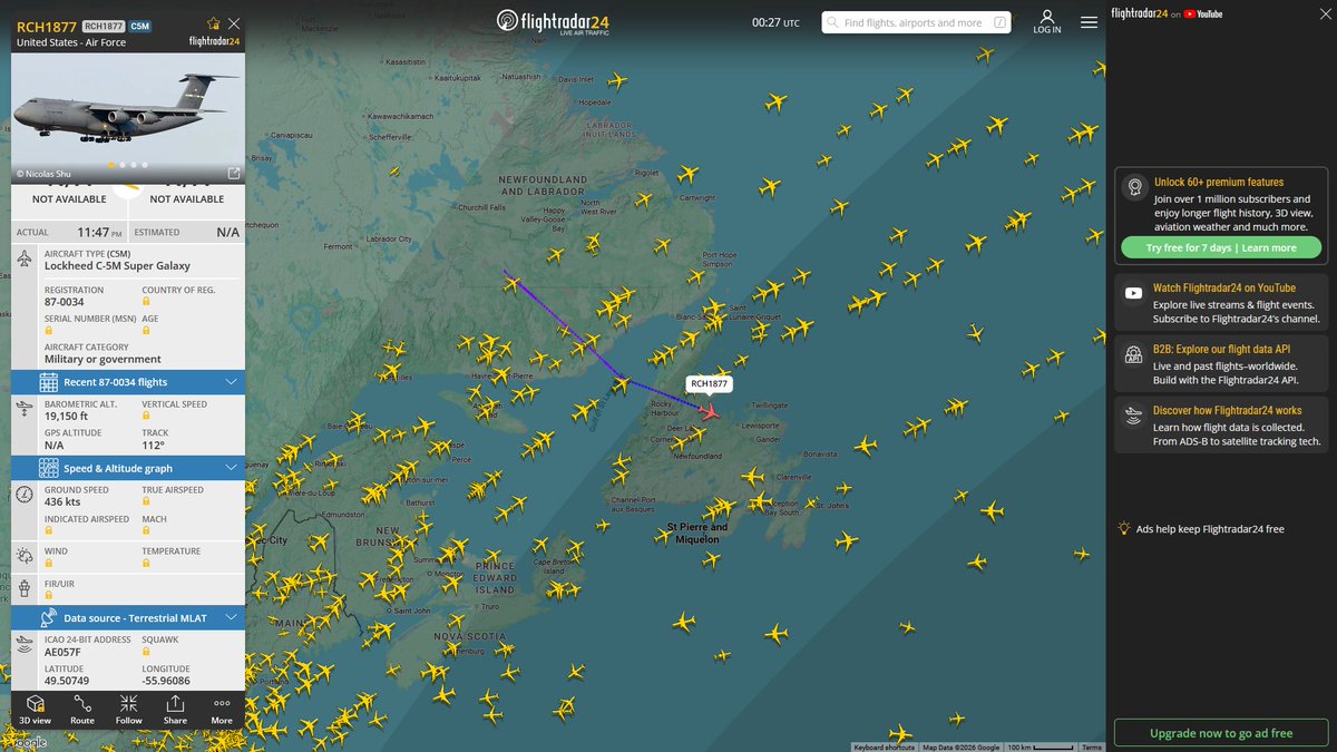 AIYeyENGDdJkjTr's tweet photo. July 25, 2026
#Fairfield Travis Air Force Base #Norfolk NAS #Spangdahlem Air Base #Al-Udeid Air Base #Diego Garcia #GUAM #Tokyo Yokota Air Base #Eielson Air Force Base ==> #Gander
#RCH1877 #AE057F USAF C-5M Super Galaxy https://t.co/GujWKVDzKZ