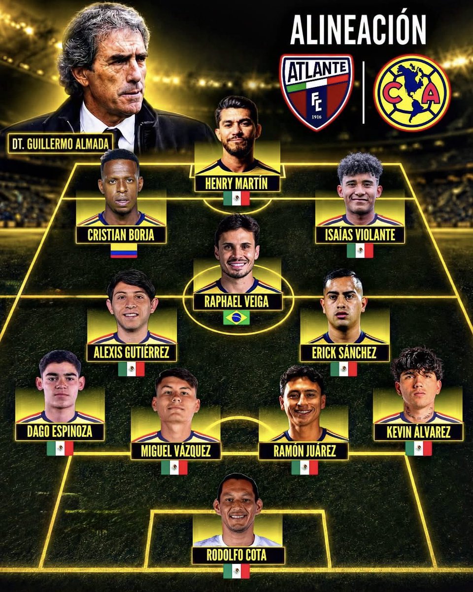 Manuu1390's tweet photo. ¡¡LA ALINEACIÓN QUE MANDARÁ ALMADA!! 🦅

Según ESPN, esta sería la alineación titular del América para enfrentar al Atlante esta noche. Sin los mundialistas, Guillermo Almada solo realizaría un cambio: Alexis Gutiérrez por el suspendido Cervantes.

#ClubAmerica #Ligamx https://t.co/d2ceABFISy
