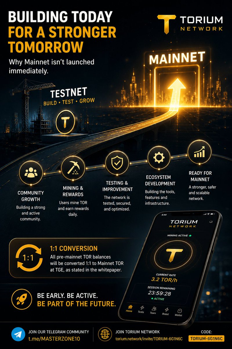 djmllssnHQ's tweet photo. 🚀 Why doesn't Torium launch Mainnet immediately?

One of the biggest mistakes in crypto is thinking that launching fast means building better.

@ToriumNetwork is taking a different approach: build a strong foundation first.

During the Testnet phase, users mine TOR, the network is tested at scale, features are refined, and the community continues to grow. This creates a stronger, more reliable ecosystem before Mainnet goes live.

According to the whitepaper, all pre-mainnet TOR balances are planned to convert 1:1 into Mainnet TOR at TGE.

Early participants aren't just mining coins—they're positioning themselves ahead of the network's future growth.

📲 Join Torium:
 https://t.co/t9SogCEHlz

🎁 Invite Code: TORIUM-6G1N6C

📢 Join our Telegram community:
 👉 https://t.co/7iq98H51SW

@ToriumNetwork

#Torium #TOR #Blockchain #Web3 #Crypto #MobileMining #Testnet #Mainnet #Airdrop #FutureOfWeb3