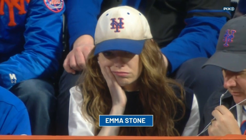 ReallyDanWeiner's tweet photo. The Mets are wearing their normal uniforms and not the Friday blacks because Emma Stone is there filming a movie that involves the Mets. I presume it's a horror movie. https://t.co/GMCa5KUIHS