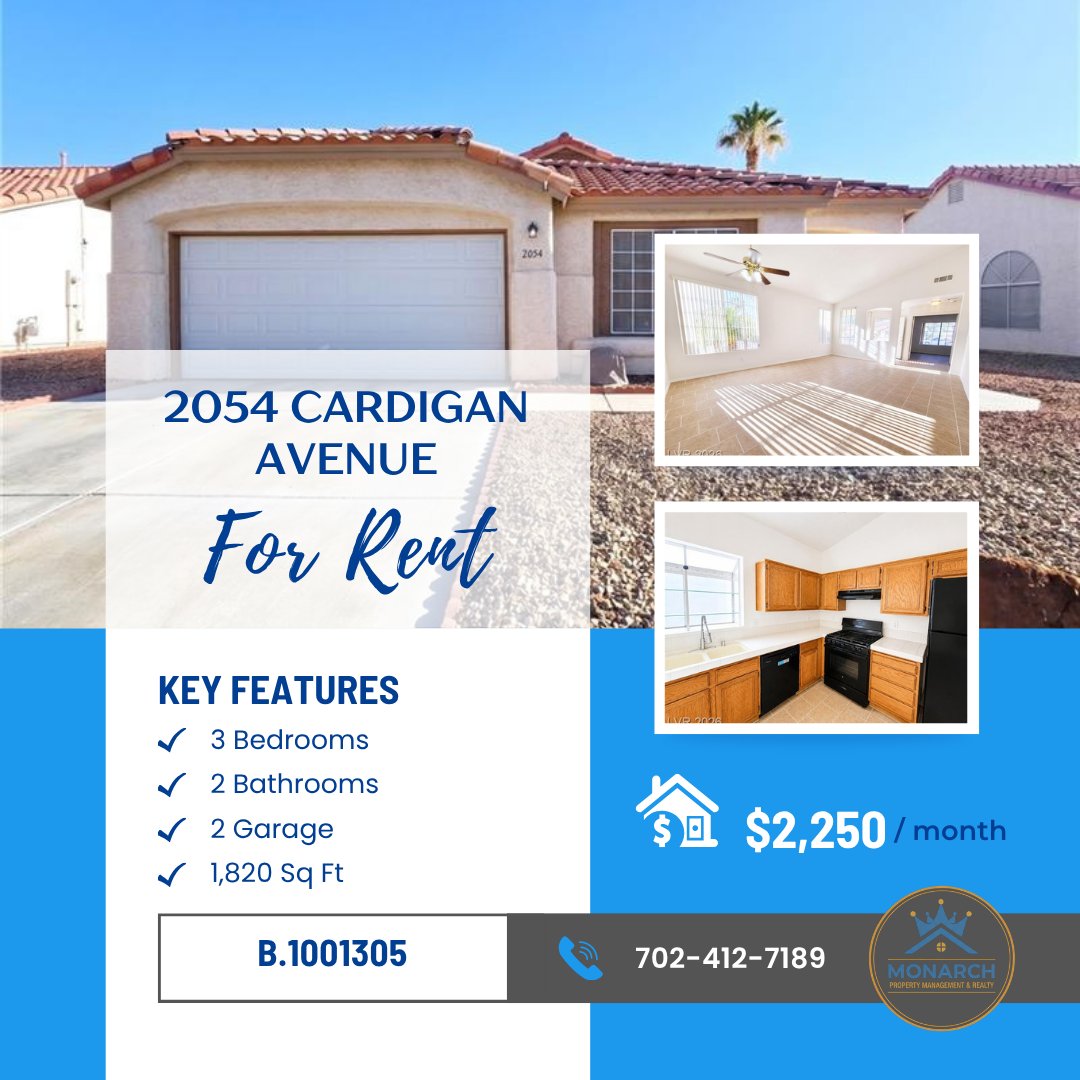 mgm_monarch's tweet photo. π‘ Your next rental is here!
β¨ 3 Bed β’ 2 Bath β’ 1,820 Sq. Ft.
βοΈ Solar β’ Covered Patio β’ 2-Car Garage
π² $2,250/month
π2054 Cardigan Ave.
Schedule your private tour today!
π 702-412-7189
#ForRent #NorthLasVegas #RentalHome #MoveInReady https://t.co/uhefmqHn0T