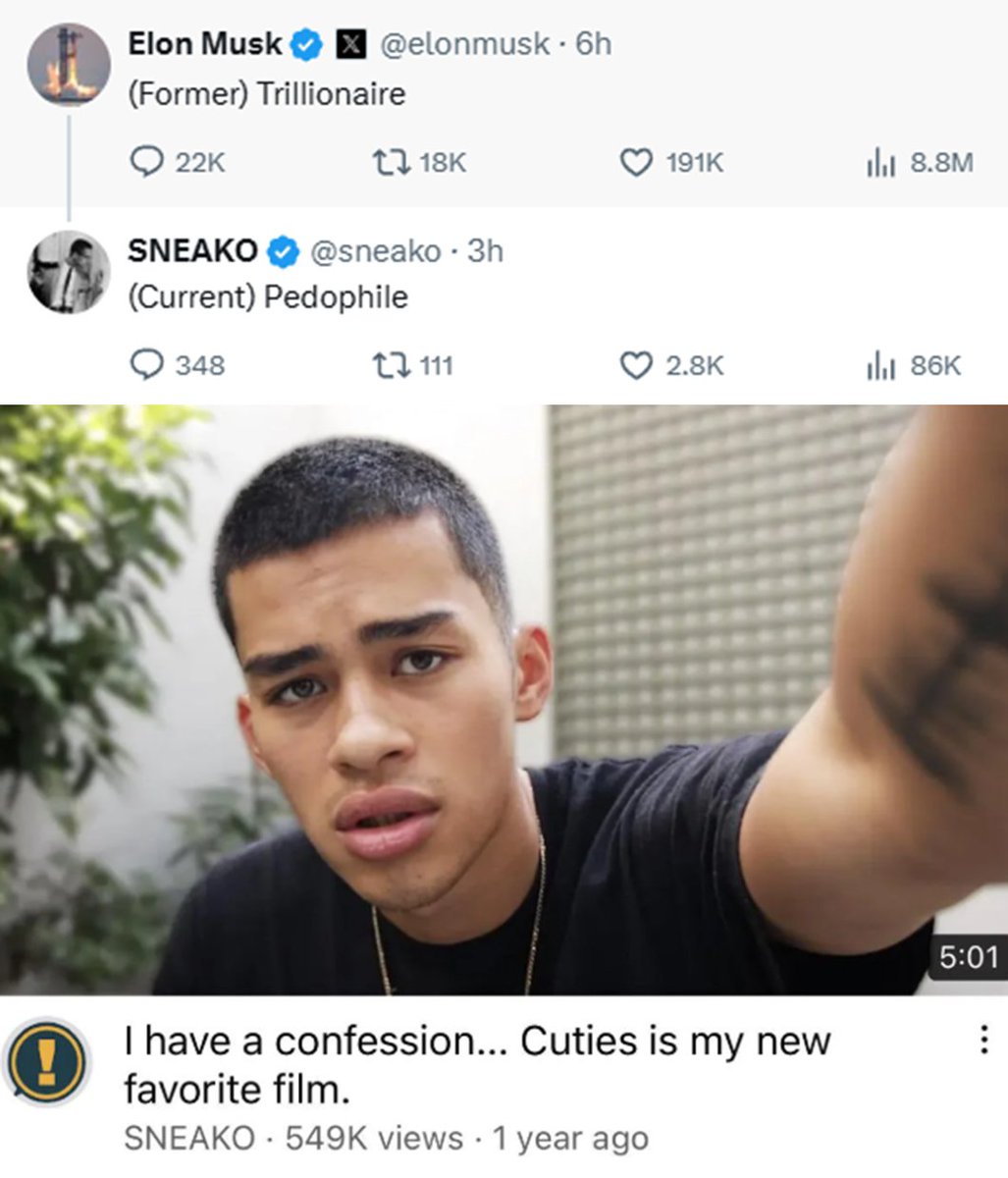 AI_EmeraldApple's tweet photo. In an effort to troll Elon, Sneako admits that he is a pedophile... 
He isn't very smart, is he? Does he not understand how words work? https://t.co/W1mIPgZBT4