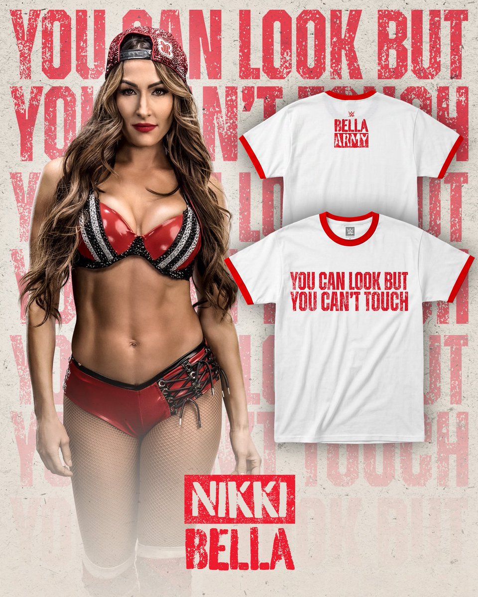 WWEShop's tweet photo. You can look but you can’t touch! Nikki Bella is BACK with a new tee available now at #WWEShop #WWE 🛒: https://t.co/2PfTXgcPA8 https://t.co/3UOrbktJA2