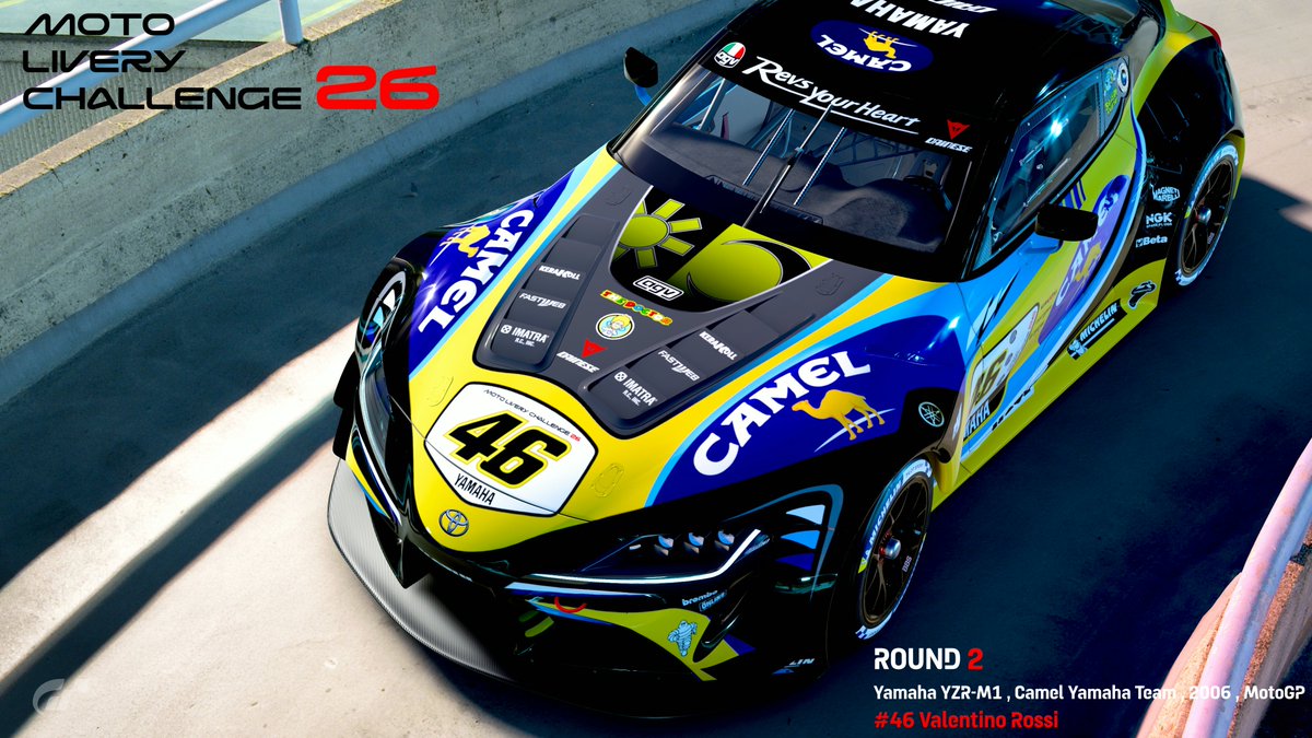 tom_hsv010's tweet photo. #GT7_MLC26 #MotoLiveryChallenge
#GT7 #GT7Livery
GR Supra RC "CAMEL YAMAHA YZR-M1 2006"
#46 Valentino Rossi
CAMEL YAMAHA YZR-M1をモチーフにリバリーを制作。 https://t.co/zFrvjIm6fP