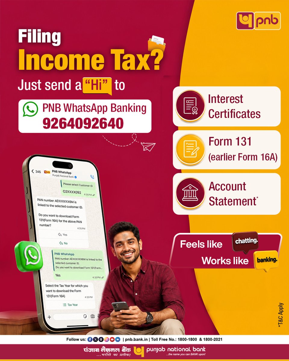 pnbindia's tweet photo. Why spend hours on paperwork when you can file your taxes in minutes?
Say Hi to convenience on PNB WhatsApp Banking at 9264092640

#PNB #Banking #EasyTaxFiling #WhatsAppBanking #TaxSeason2026 #PaperlessBanking https://t.co/9JoX9SZVUj