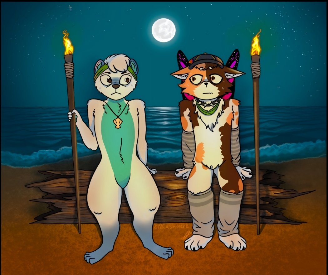 skunkblush's tweet photo. Midnight beach adventure by torchlight! 🌙🔥 Wonder what they are looking at with those wide eyes.

#NightVibes #BeachNight #FurryArt #DigitalArt #CommissionOpen https://t.co/iY3Kq8bTlH