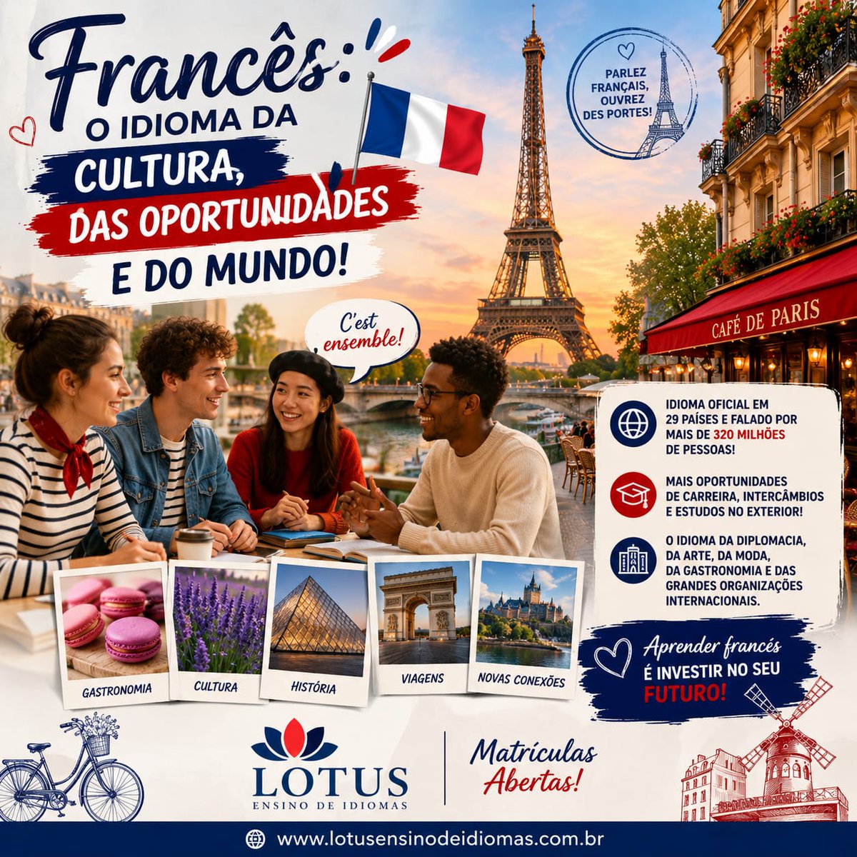 lotus_idiomas's tweet photo. Francês: muito além da França, um idioma para o mundo!

Você sabia que o francês é falado por mais de 320 milhões de pessoas e é idioma oficial em 29 países? Além da França, ele está presente em nações como Canadá, Bélgica, Suíça, Luxemburgo e diversos países da África.

Considerado o idioma da diplomacia, da gastronomia, da moda, da arte e da cultura, o francês também é uma das línguas oficiais de importantes organizações internacionais, como a ONU, a União Europeia e o Comitê Olímpico Internacional.

Aprender francês amplia oportunidades de carreira, facilita intercâmbios, viagens e o acesso a universidades renomadas, além de proporcionar uma imersão em uma das culturas mais influentes do mundo.

🌍 Fale francês e descubra novos horizontes, novas culturas e novas oportunidades!
📚 Matrículas abertas! Venha aprender francês na Lotus Ensino de Idiomas.

#Francês #IdiomaFrancês #CulturaFrancesa #AprenderFrancês #EscolaDeIdiomas #Intercâmbio #Idiomas #LotusEnsinoDeIdiomas #FuturoGlobal
