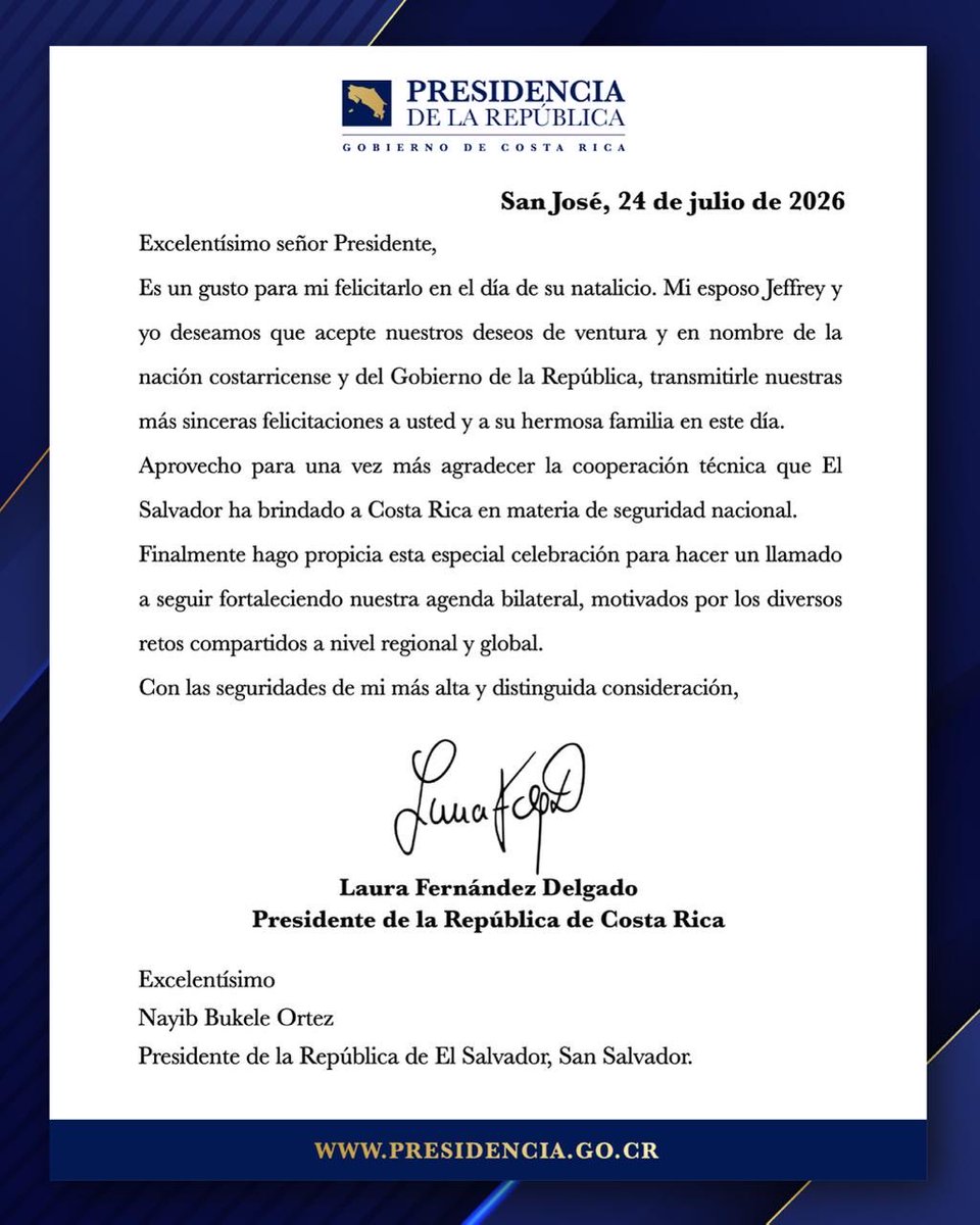 laurapresi2026's tweet photo. En este día especial, quiero enviarle un afectuoso saludo al Presidente de El Salvador, @nayibbukele 

Le deseo un muy feliz cumpleaños, mucha salud y éxito en los retos que tiene por delante. https://t.co/Fm3XWdkMy5